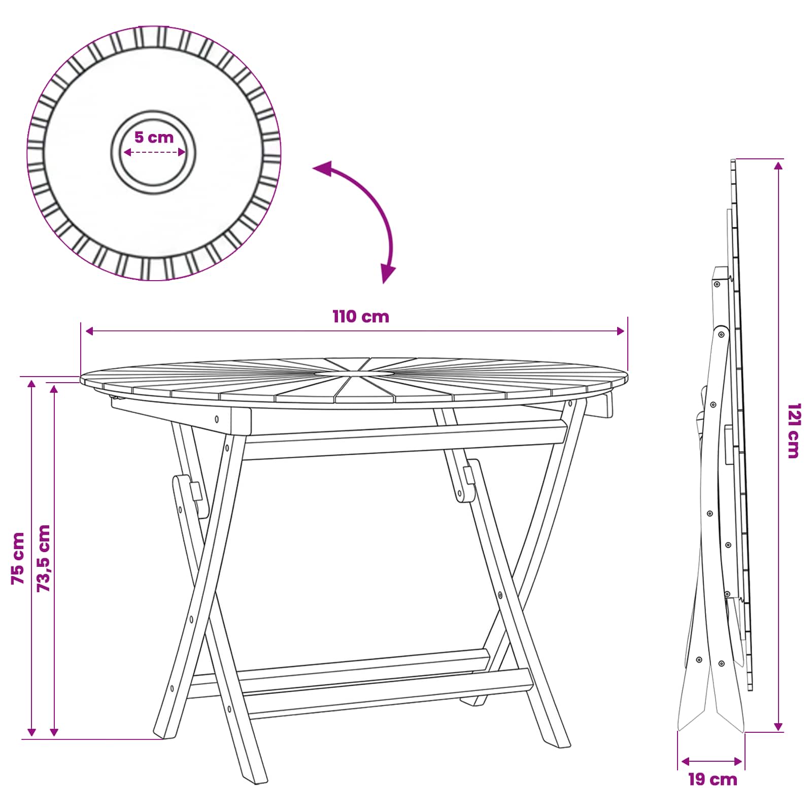 Αναδιπλούμενο Τραπέζι Κήπου Φυσικό Ø 110 x 75 cm - Pakobazaar