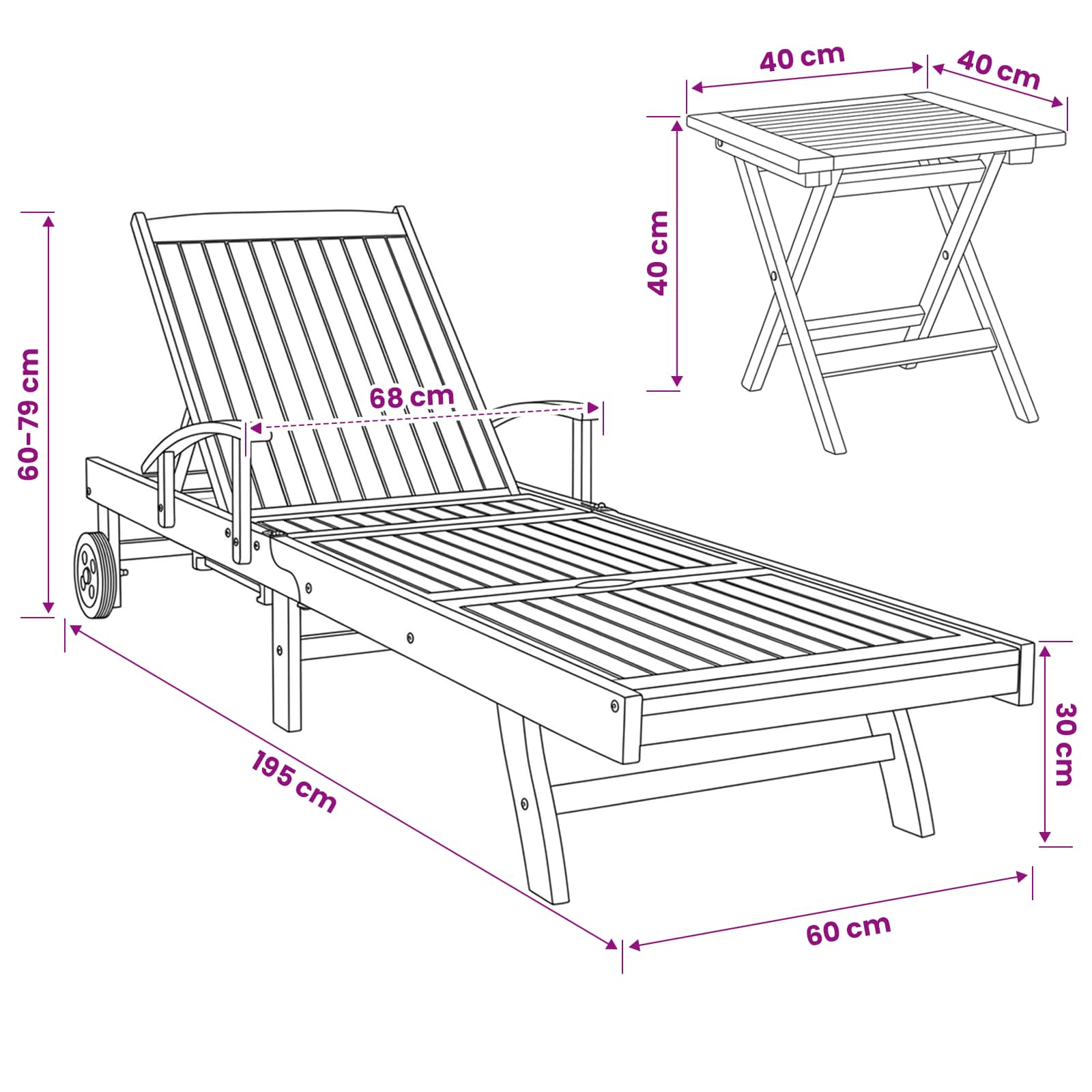 Ξαπλώστρα με Τραπέζι 2 pcs Καφέ 40 x 40 x 40 cm Στερεό Ξύλο Τίκ - Pakobazaar