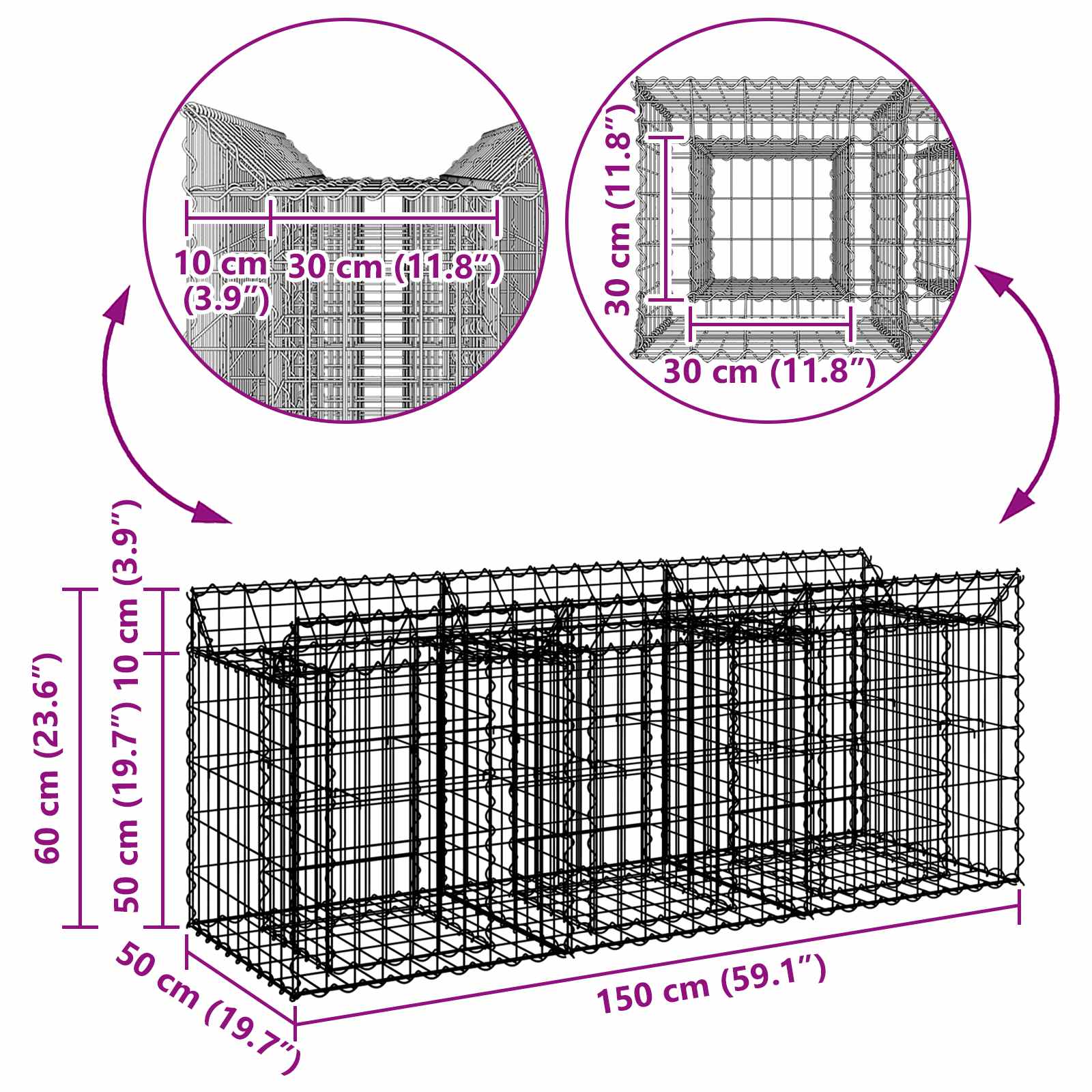 Ανασηκωμένο κρεβάτι gabion Ασημί 150 x 50 x 60 εκ - Pakobazaar