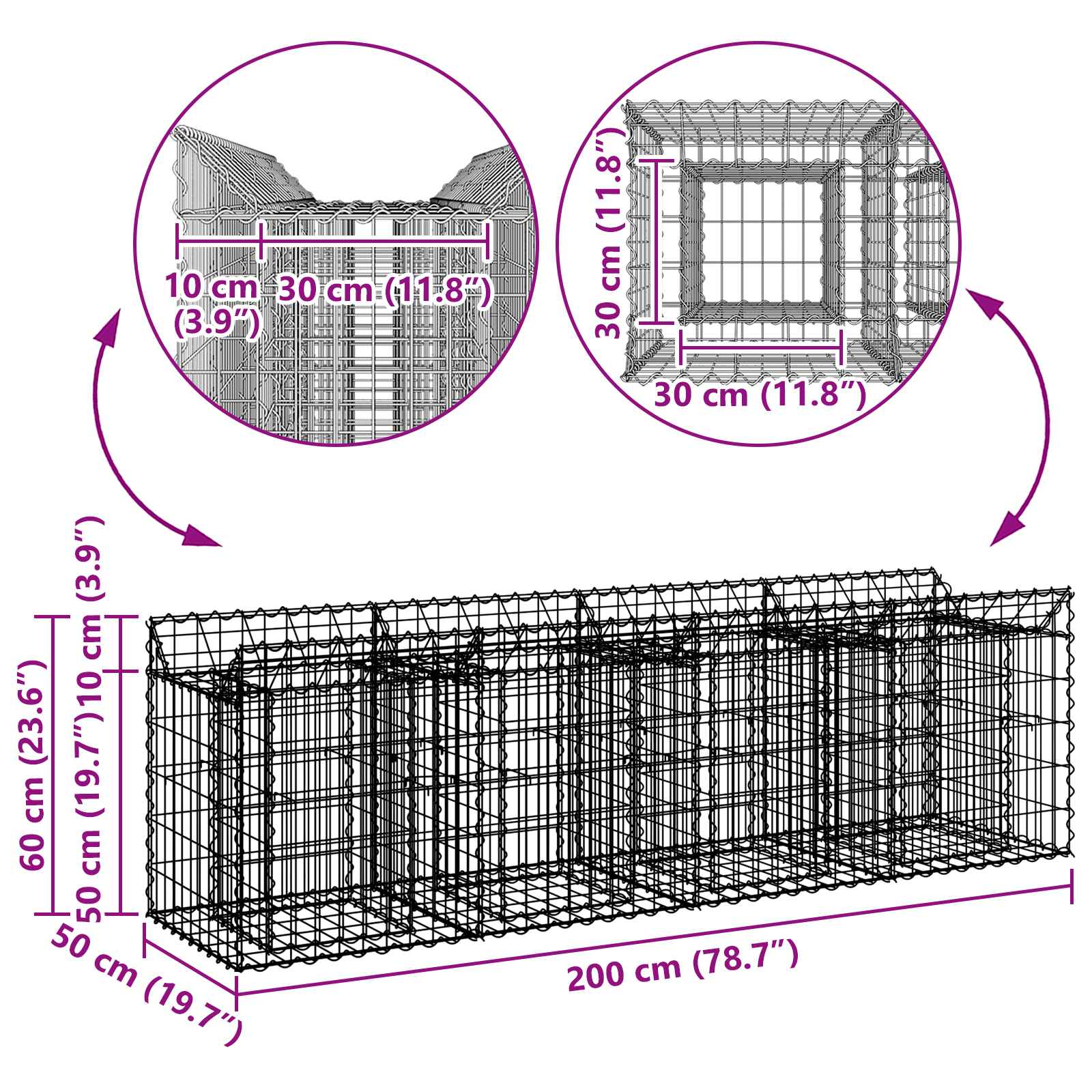 Ανασηκωμένο κρεβάτι gabion Ασημί 200 x 50 x 60 cm - Pakobazaar
