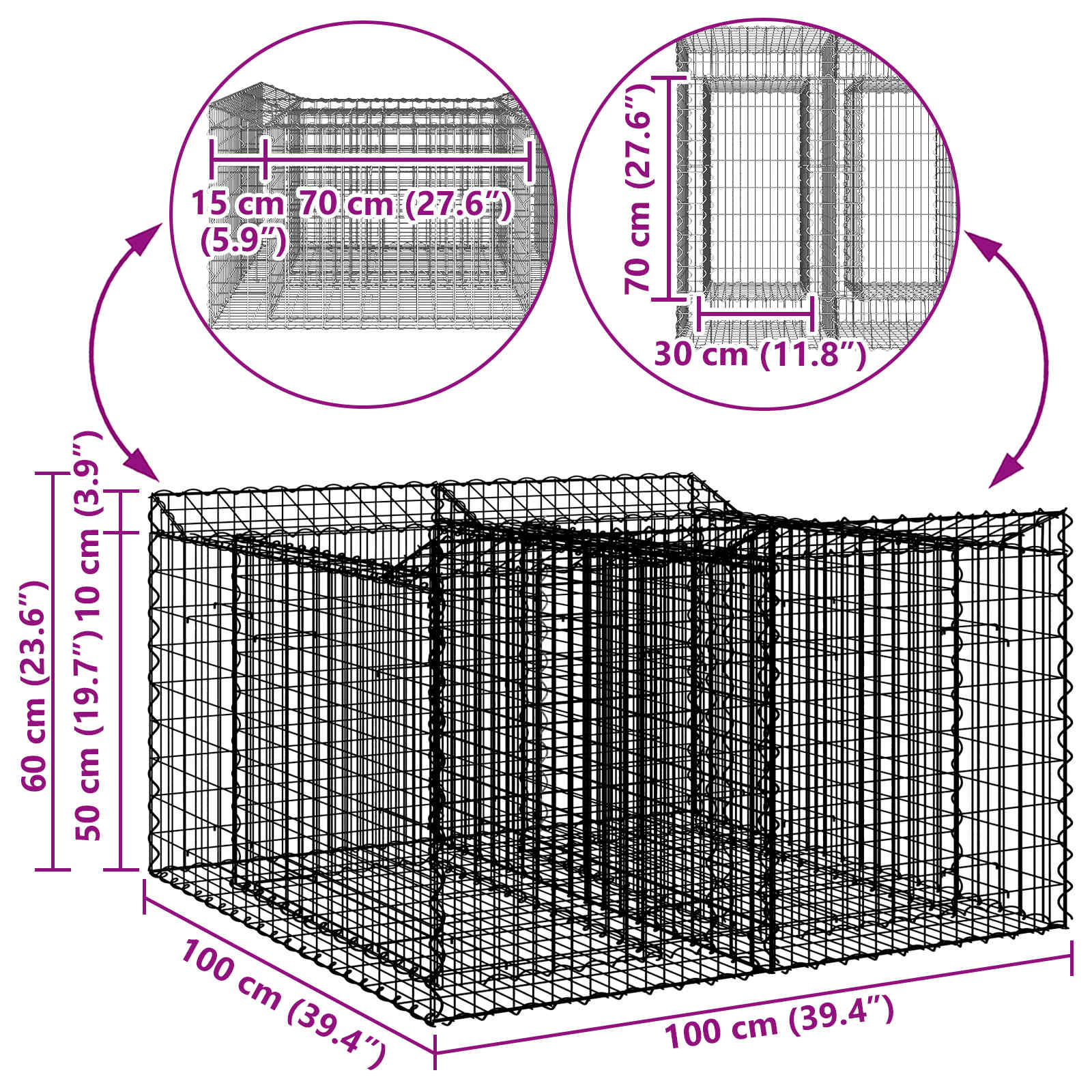 Ανασηκωμένο κρεβάτι gabion Ασημί 100 x 100 x 60 εκ. - Pakobazaar