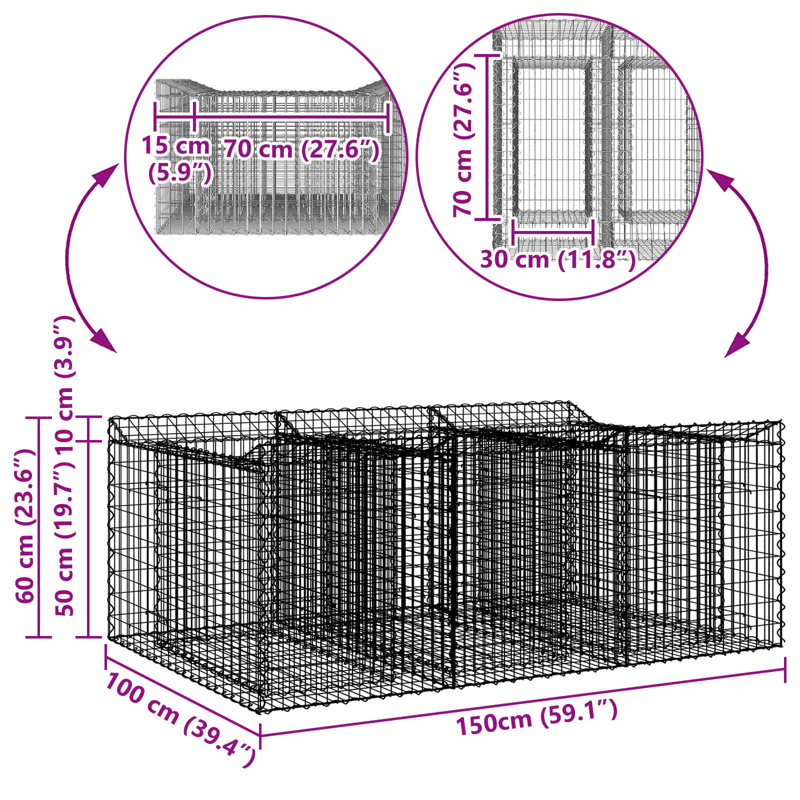 Ανασηκωμένο κρεβάτι gabion Ασημί 150 x 100 x 60 εκ - Pakobazaar