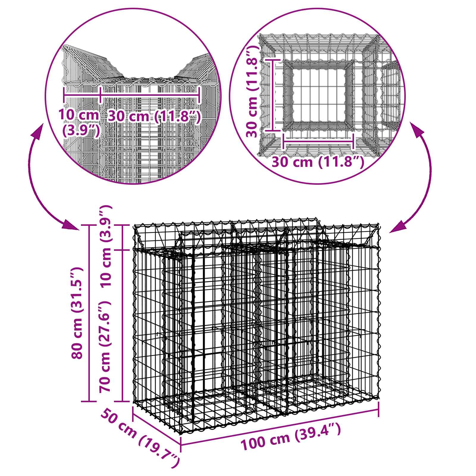 Ανασηκωμένο κρεβάτι gabion Ασημί 100 x 50 x 80 εκ - Pakobazaar