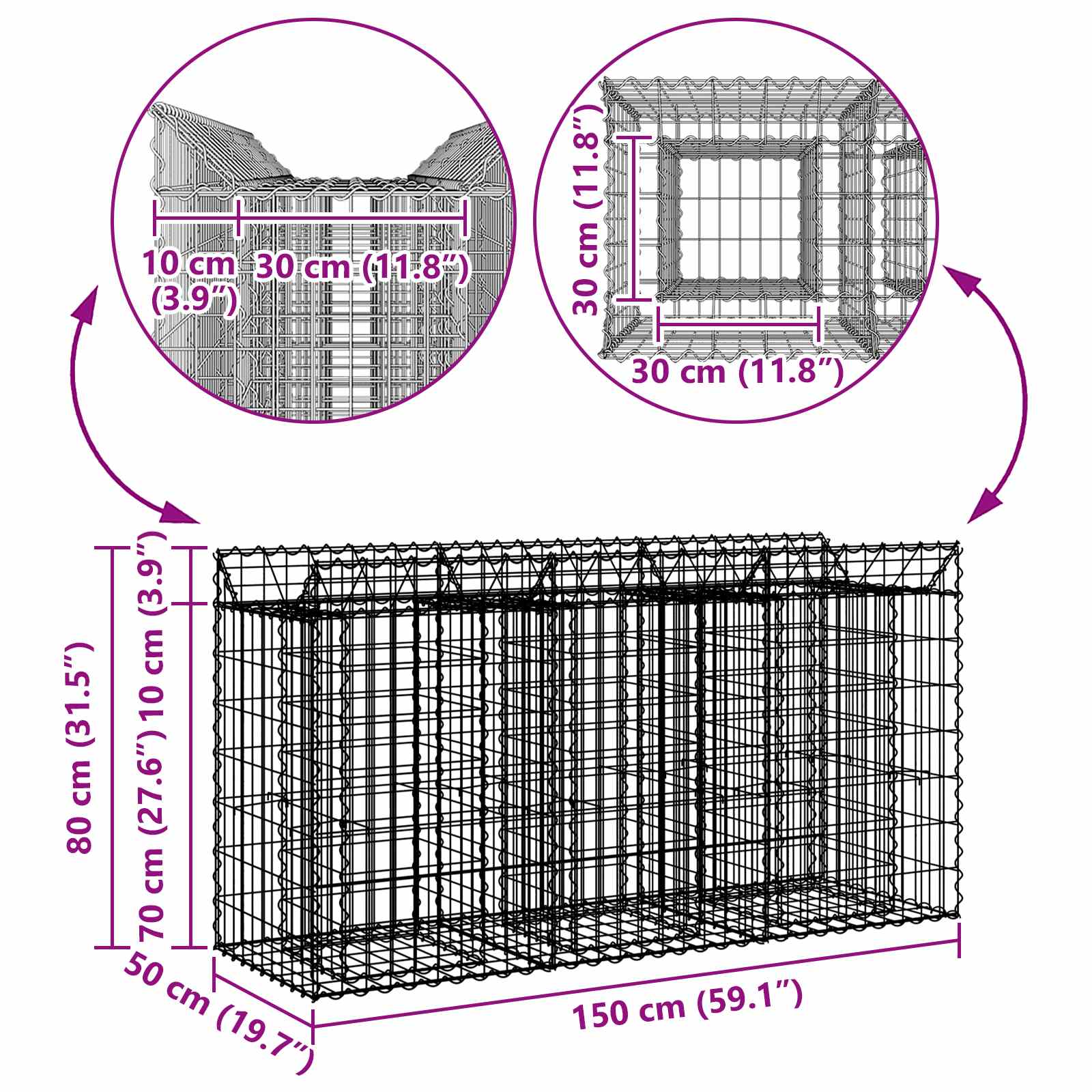 Ανασηκωμένο κρεβάτι gabion Ασημί 150 x 50 x 80 εκ - Pakobazaar