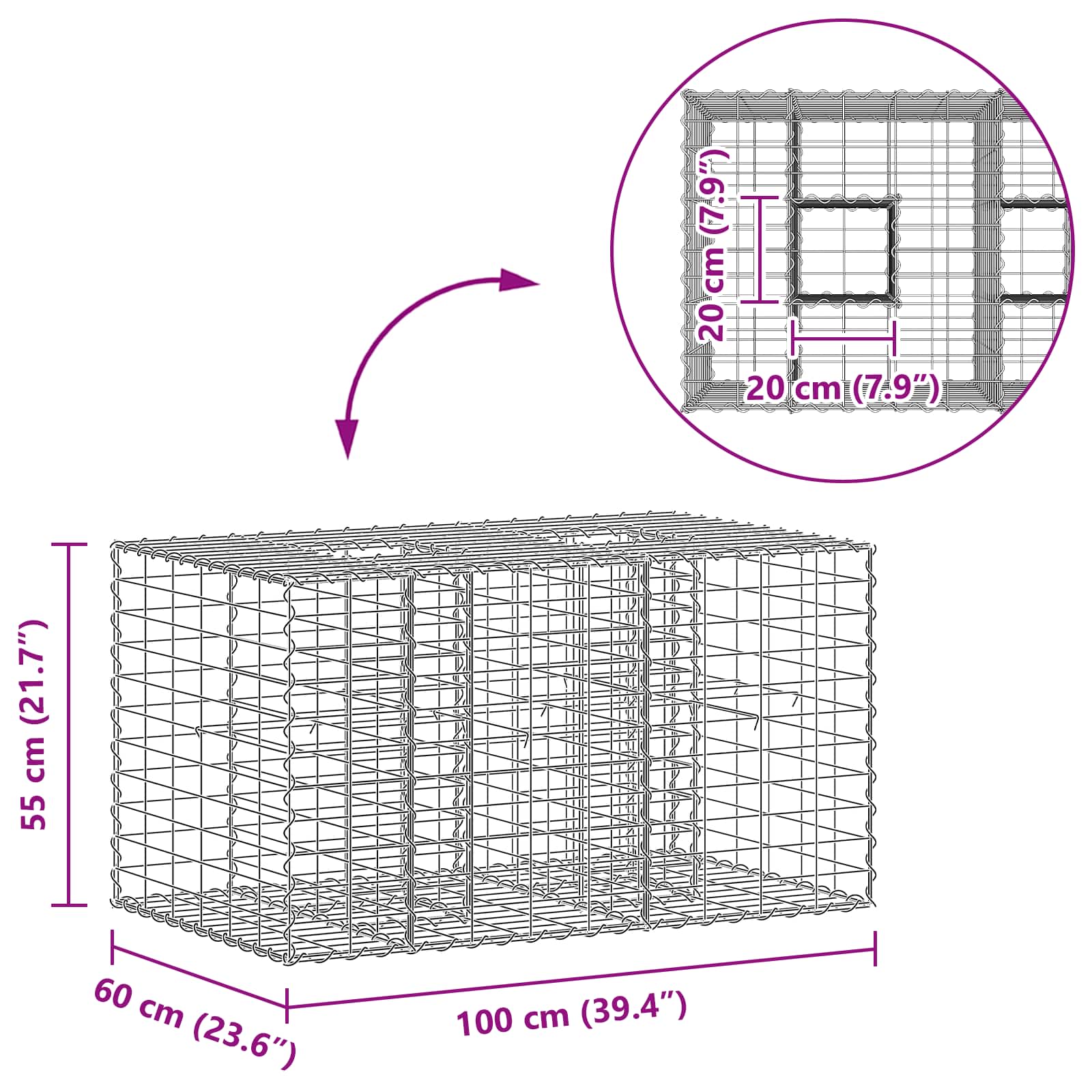 Ανασηκωμένο κρεβάτι gabion Ασημί 100 x 60 x 55 εκ - Pakobazaar