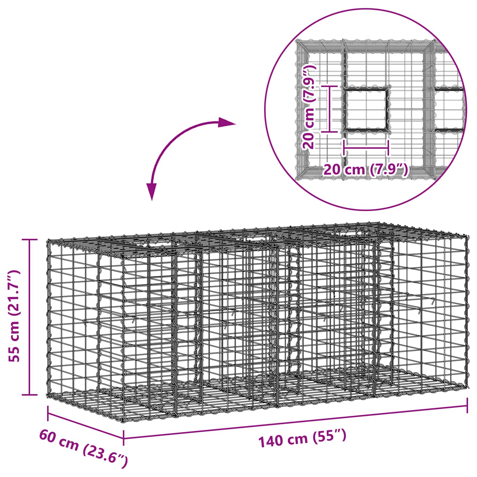 Ανασηκωμένο κρεβάτι gabion Ασημί 140 x 60 x 55 εκ - Pakobazaar