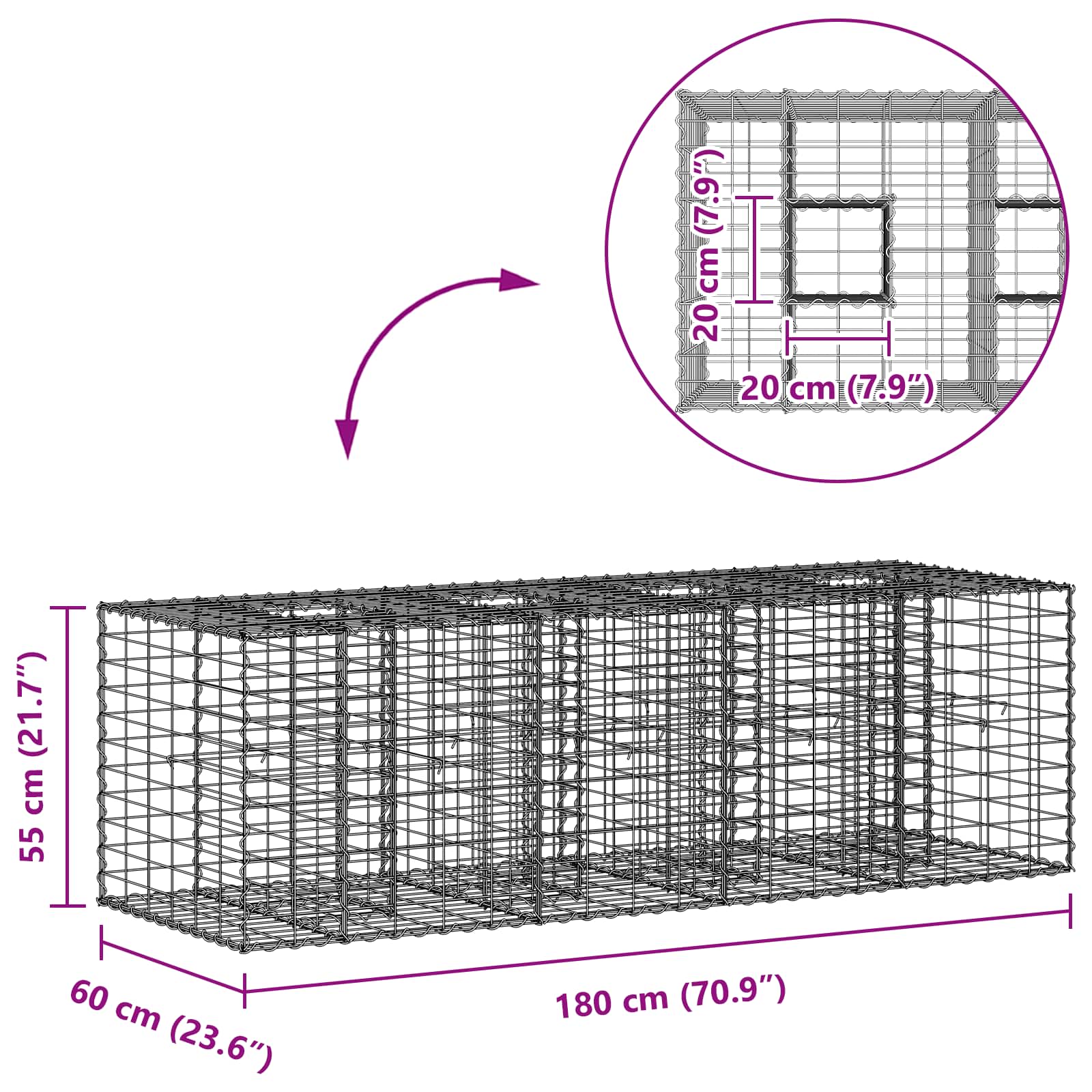 Ανασηκωμένο κρεβάτι gabion Ασημί 180 x 60 x 55 εκ - Pakobazaar