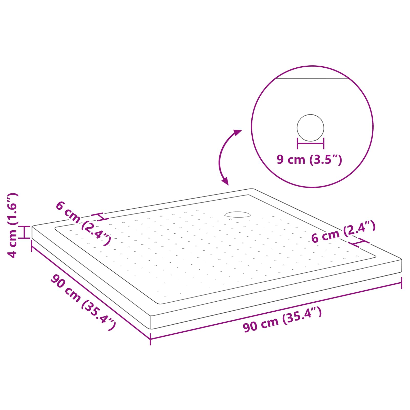 Δίσκος Βάσης Ντους με Τρύπες 90 x 90 x 4 cm ABS Μαύρο