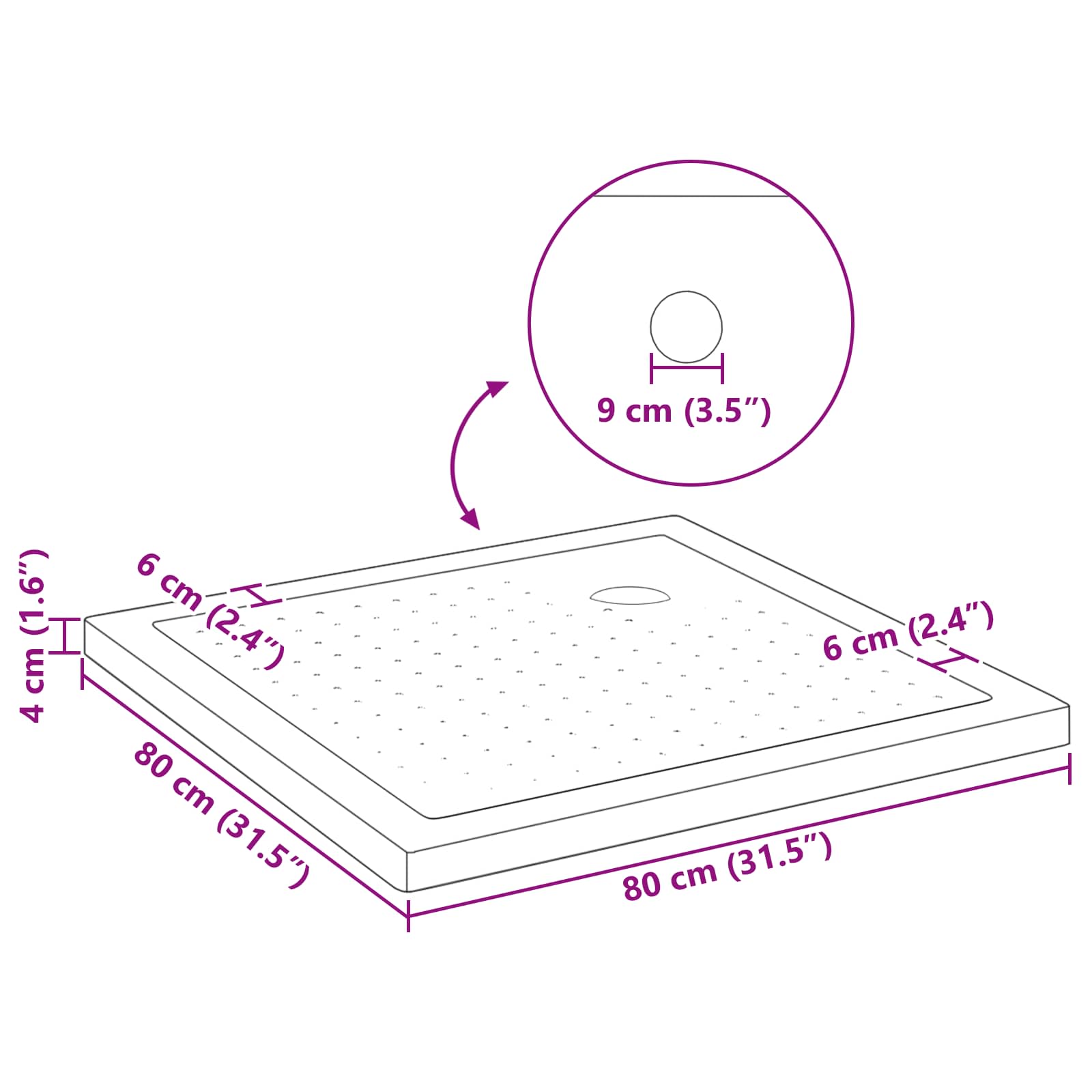 Δίσκος Βάσης Ντους με Τρύπες 80 x 80 x 4 cm ABS Μαύρο