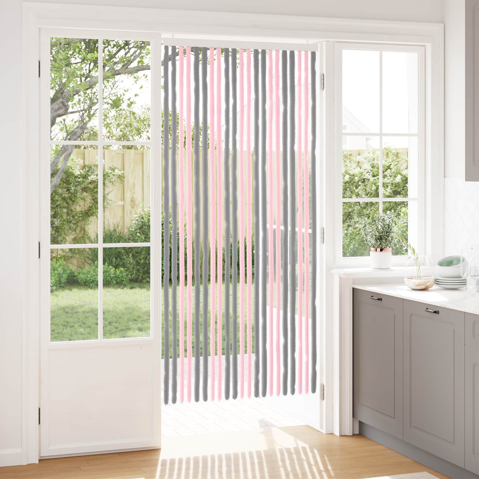 Κουρτίνα εντόμων Chenille Ασημί Γκρι και Ροζ 90 x 200 cm