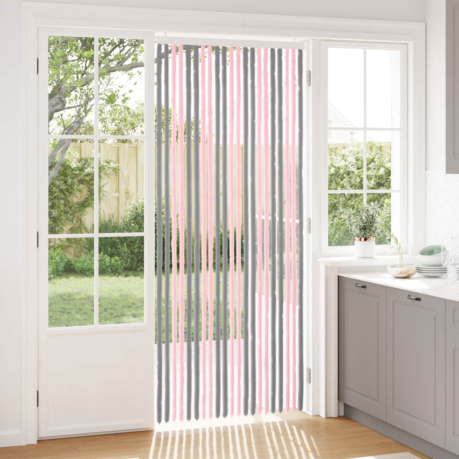 Κουρτίνα εντόμων Chenille Ασημί Γκρι και Ροζ 90 x 220 cm