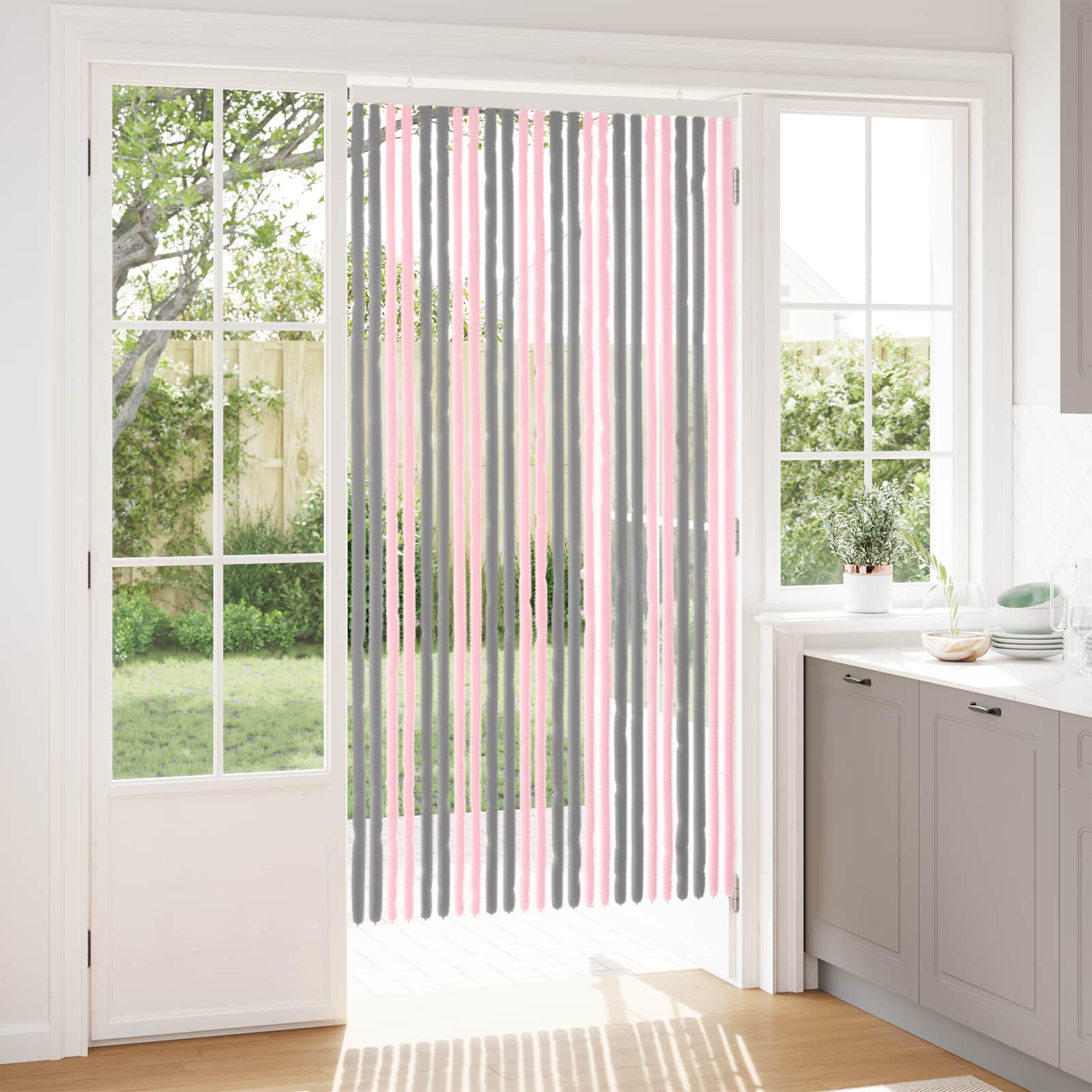 Κουρτίνα εντόμων Chenille Ασημί Γκρι και Ροζ 100 x 200 cm