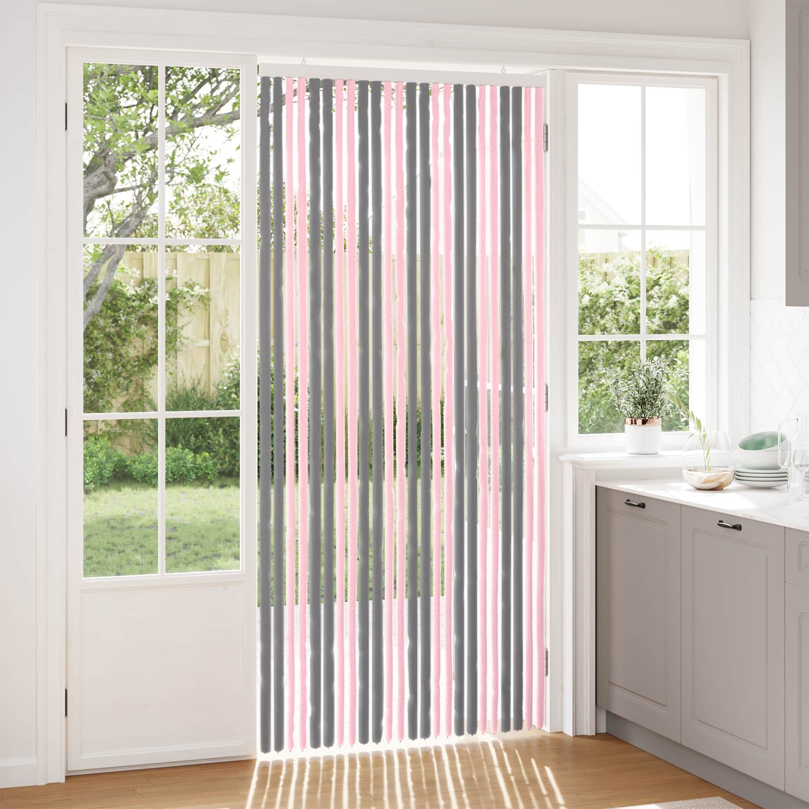 Κουρτίνα εντόμων Chenille Ασημί Γκρι και Ροζ 100 x 220 cm