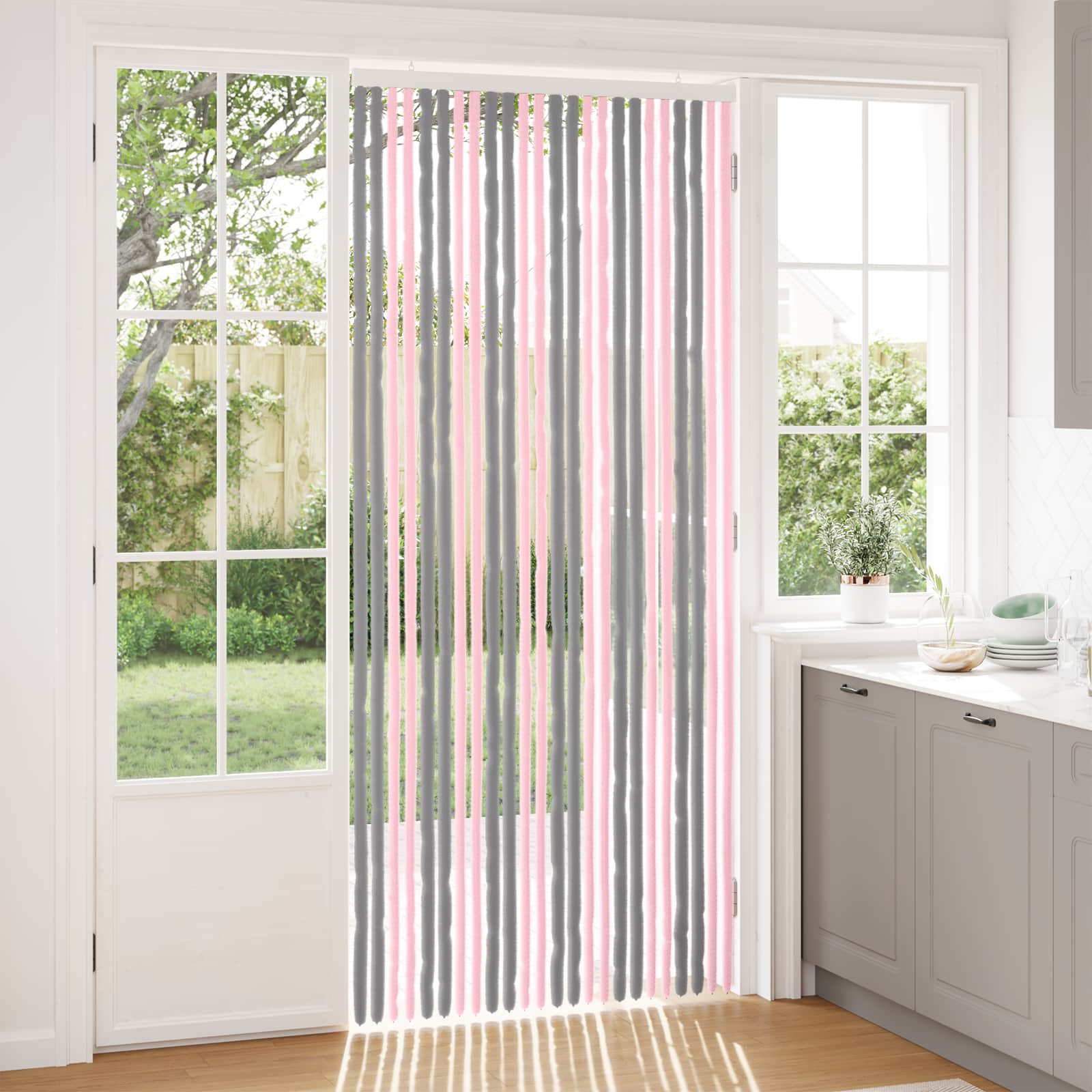 Κουρτίνα εντόμων Chenille Ασημί Γκρι και Ροζ 100 x 230 cm