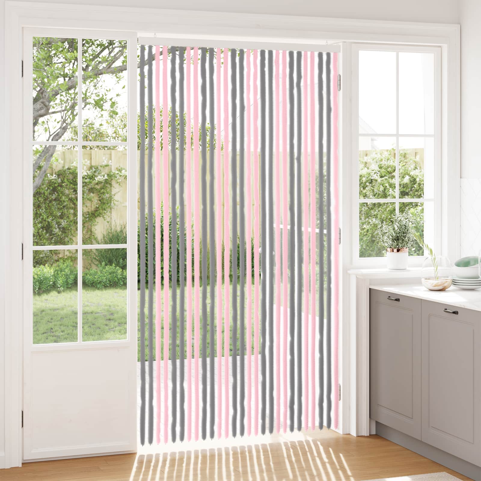 Κουρτίνα εντόμων Chenille Ασημί Γκρι και Ροζ 118 x 220 cm