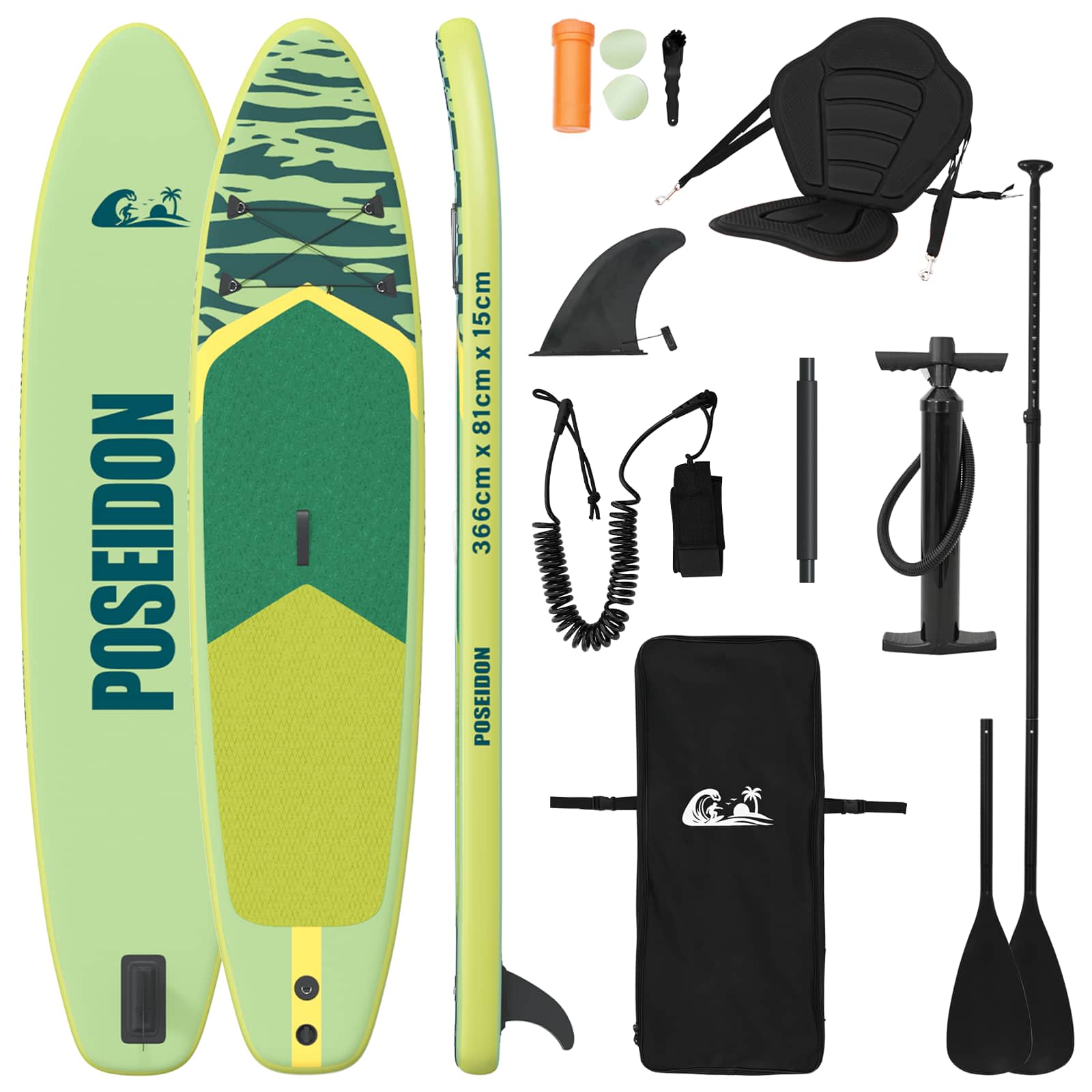 SUP Board με κάθισμα 2 σε 1 POSEIDON 366 x 81 x 15 εκ Πράσινο