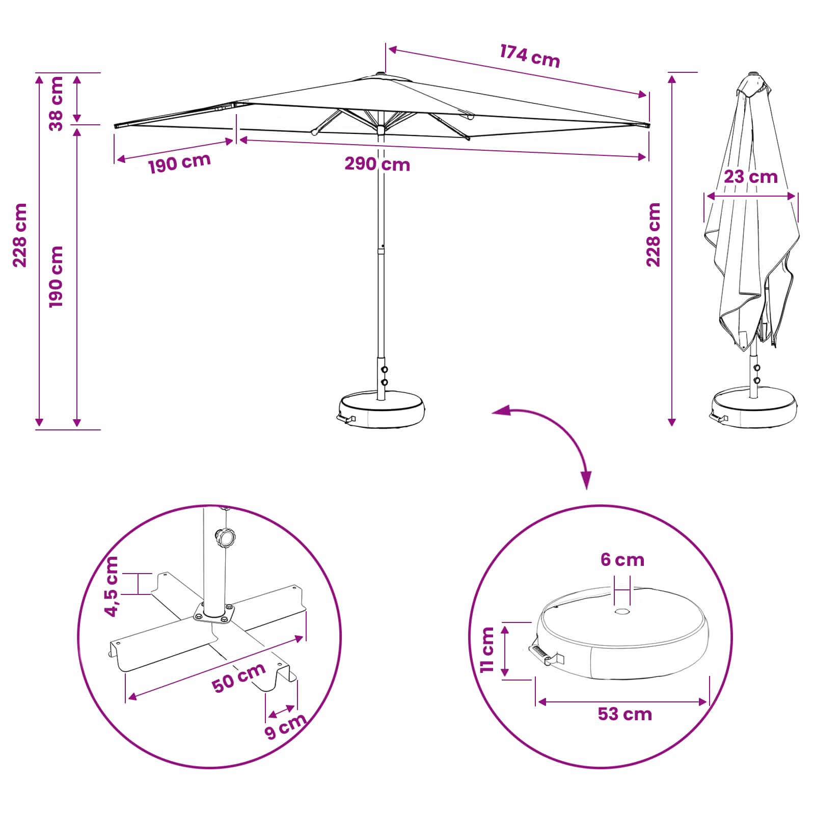Ομπρέλα Κήπου 200 x 300 cm Πολυεστέρας Ορθογώνιος Μαύρο - Pakobazaar