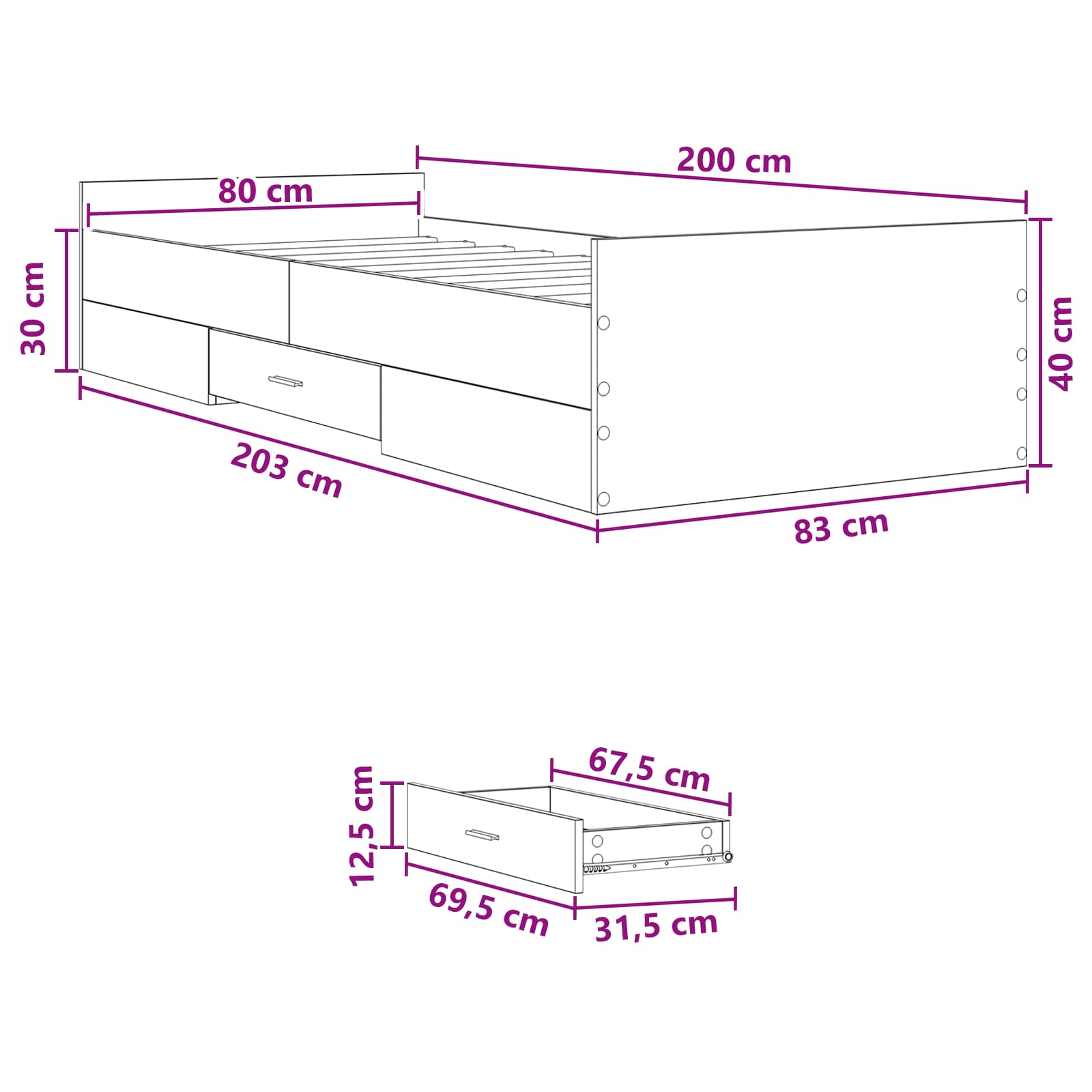 Σκελετός κρεβατιού με αποθήκευση Γκρι Sonoma 80 x 200 cm