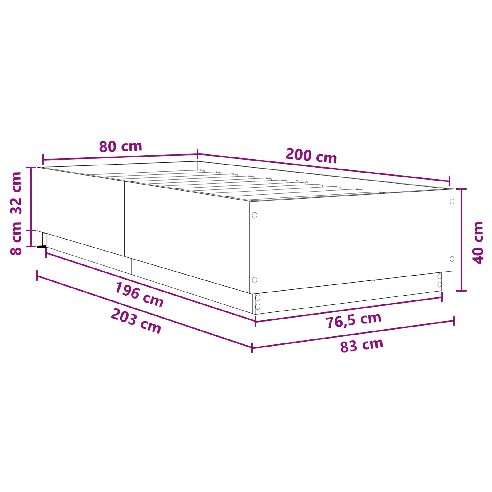Κρεβάτι με φωτισμό LED Μαύρη Δρυς 80 x 200 cm - Pakobazaar