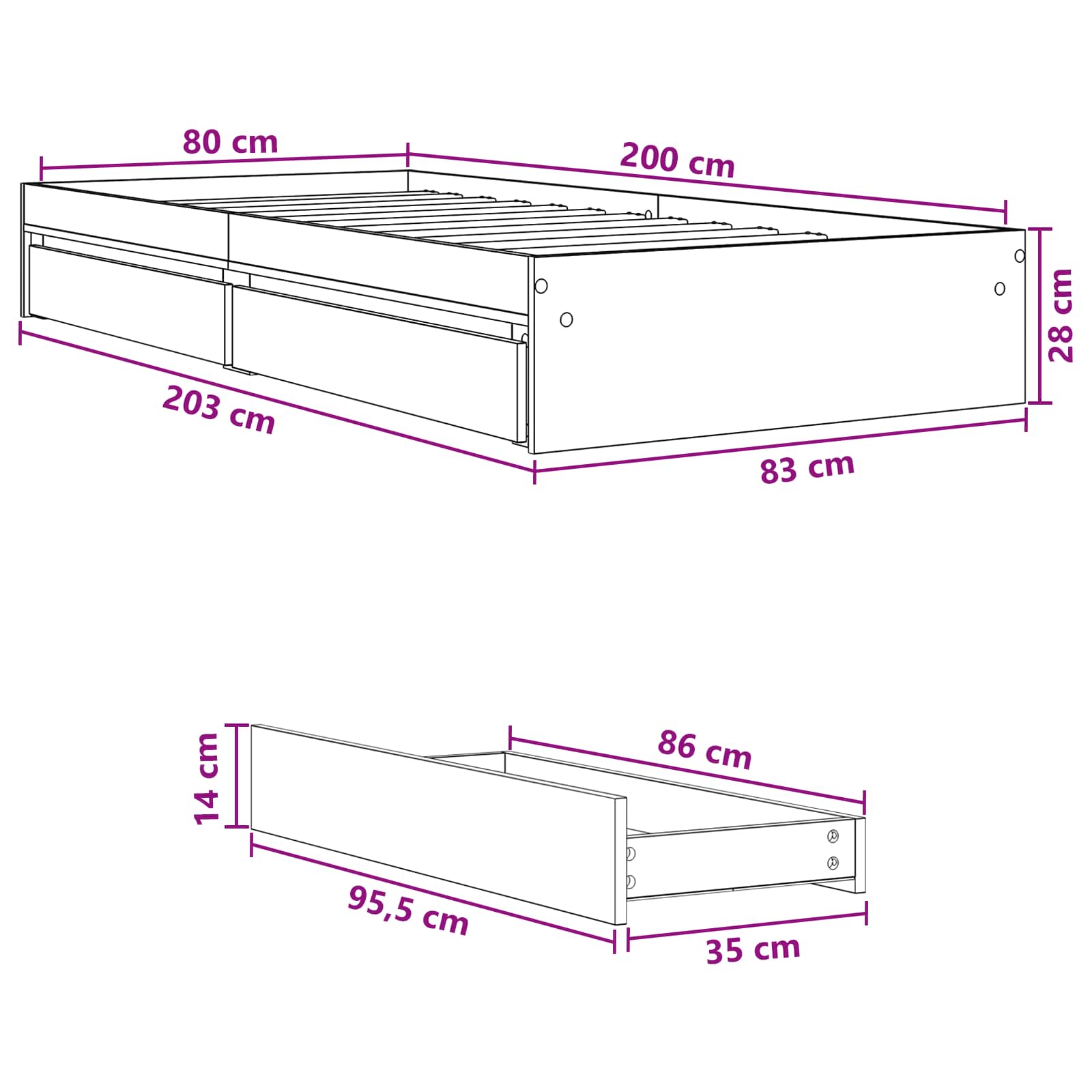 Σκελετός κρεβατιού με αποθήκευση Sonoma Δρυς 80 x 200 cm - Pakobazaar