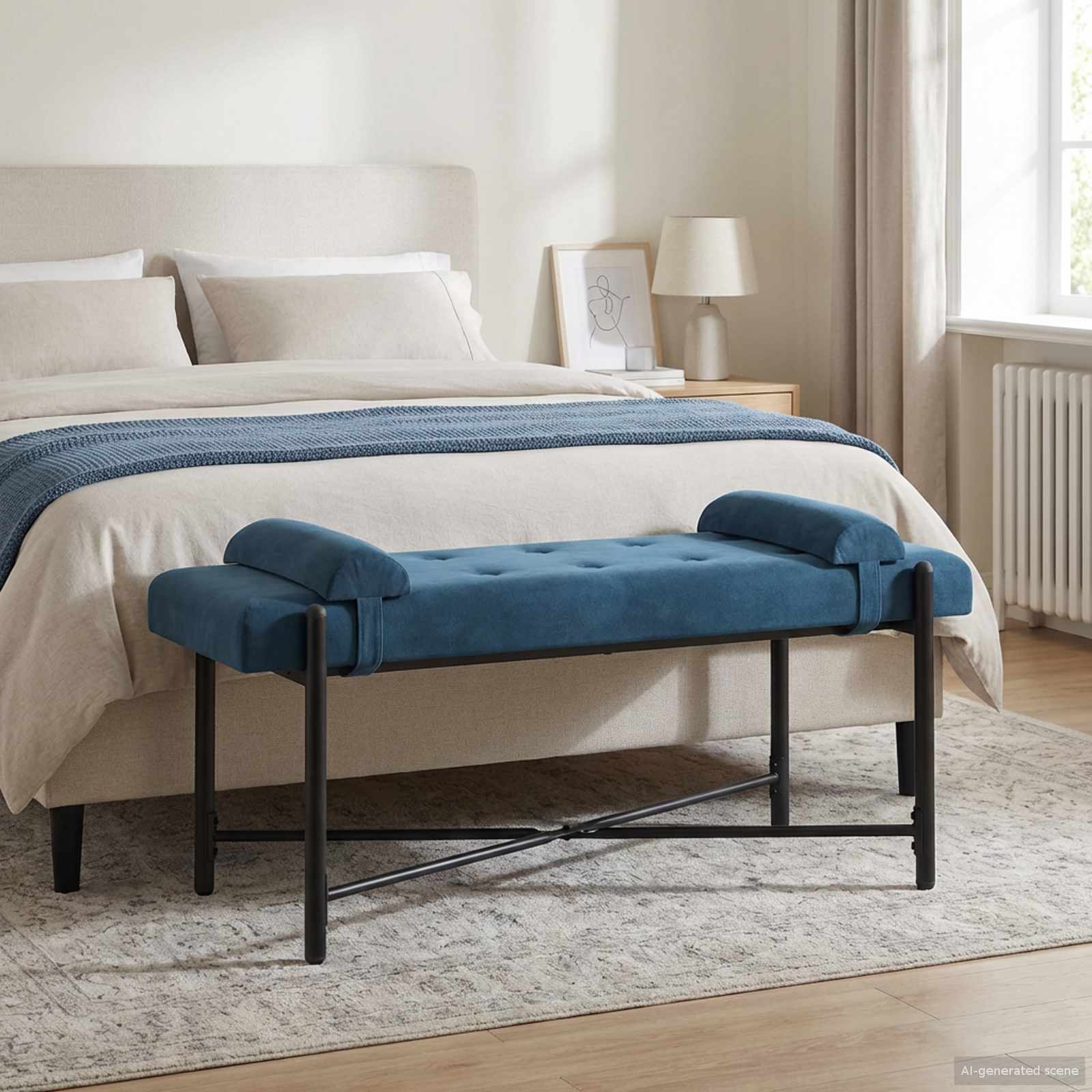 Παγκάκι με κουμπιά και μαξιλάρια Μπλε 110 x 40 x 46 cm Βελούδο