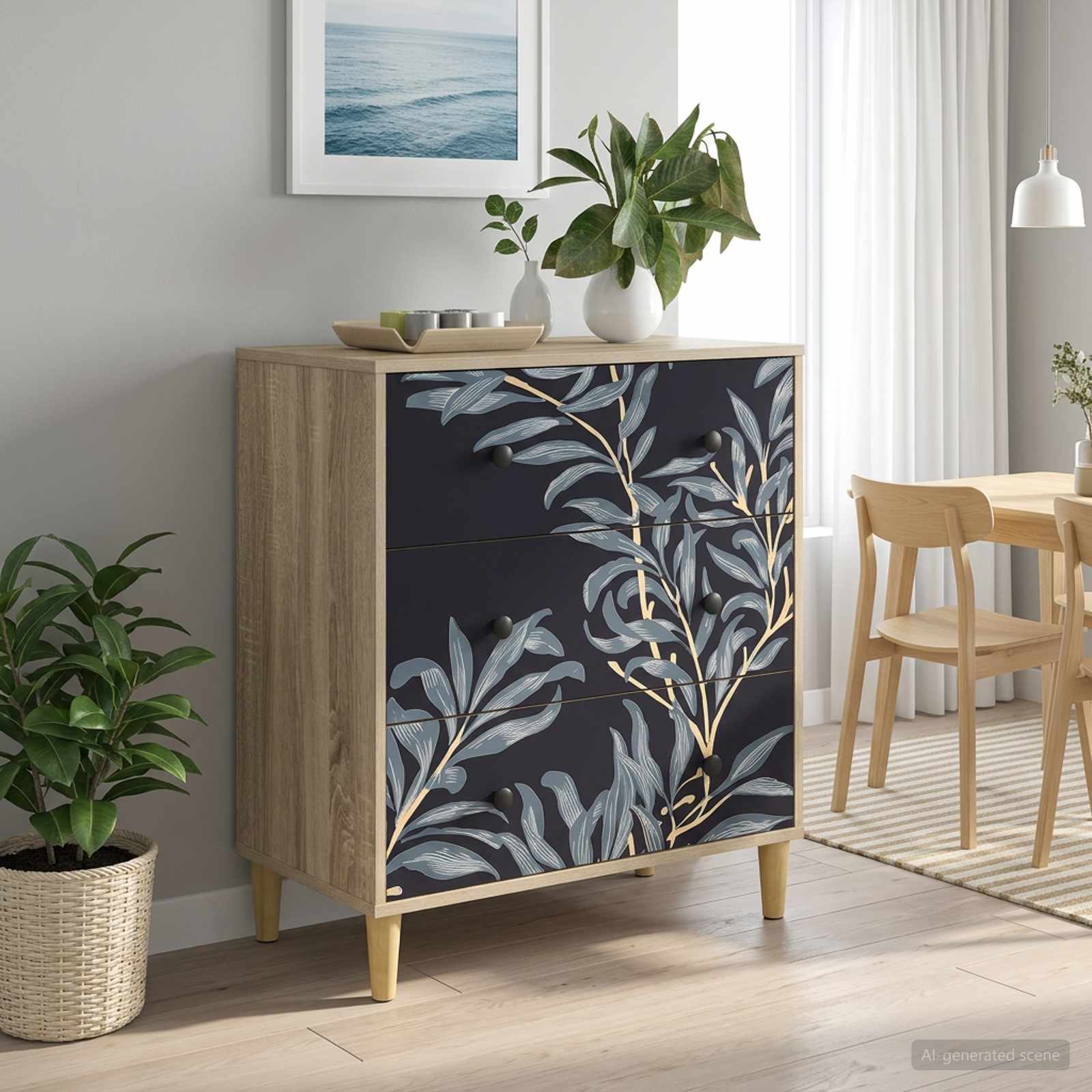 Κουτί με συρτάρια DOKKUM Μπλε φτέρη εκτύπωση 66 x 36,5 x 75 εκ.