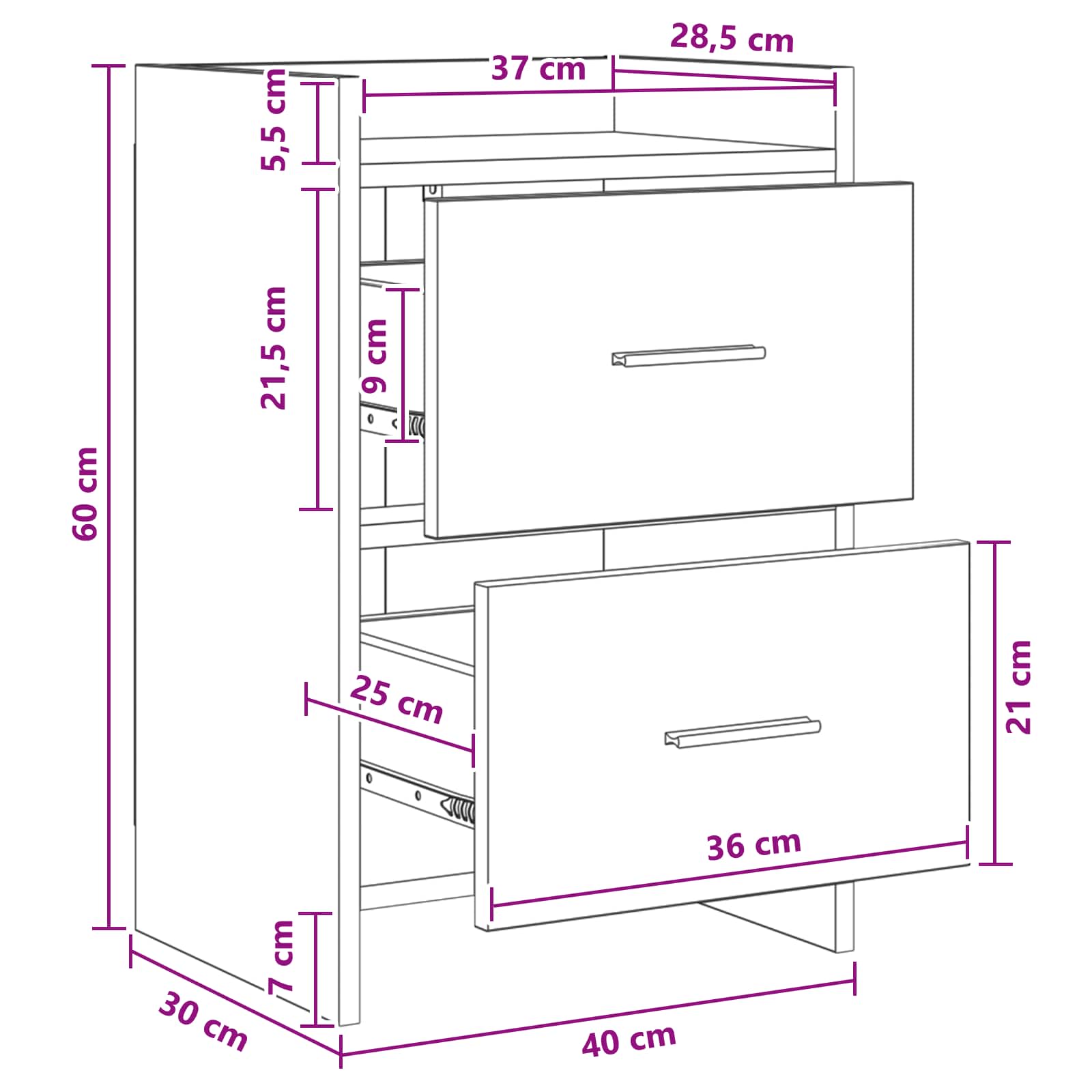 Κομοδίνα Μαύρη Δρυς 40 x 30 x 60 cm Επεξεργασμένο Ξύλο