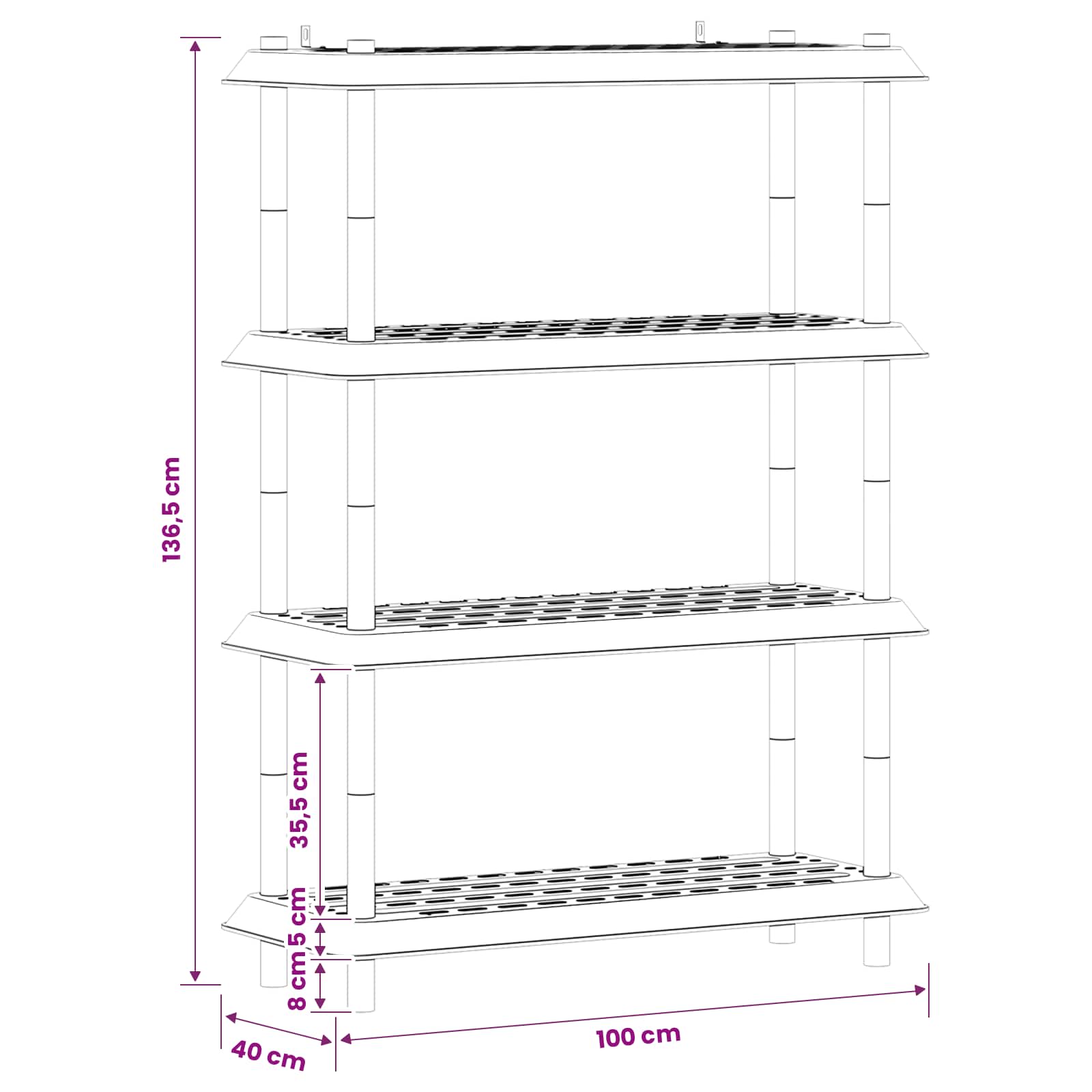 Μονάδα Ραφιού 4 επίπεδα 100 x 40 x 136,5 εκ PP Λευκό