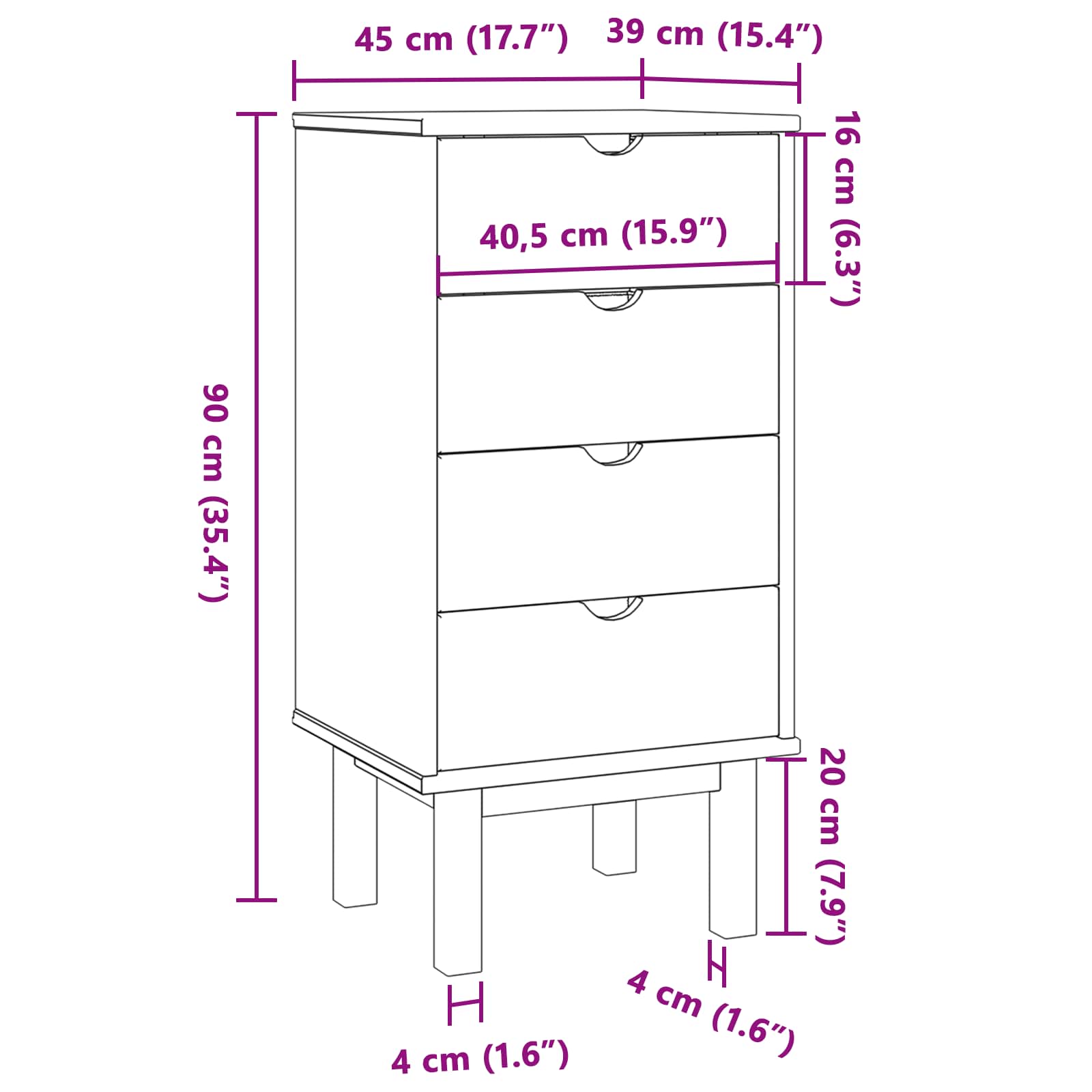 Κουτί με συρτάρια OTTA Μαύρο 45 x 39 x 90 εκ. Μασίφ Ξύλο Πεύκου - Pakobazaar