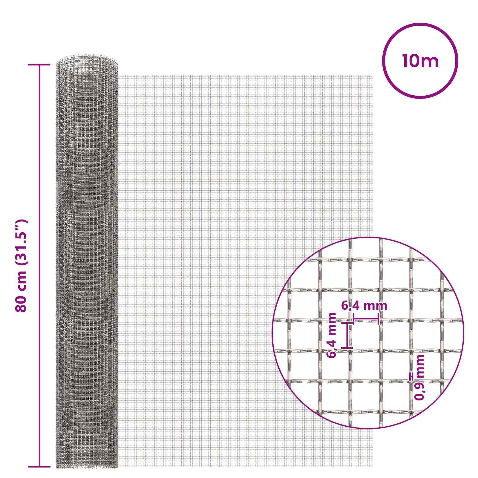 Πλέγμα Οθόνης 80 x 1000 cm 3 Mesh Ανοξείδωτο Ατσάλι 201 Ασημί