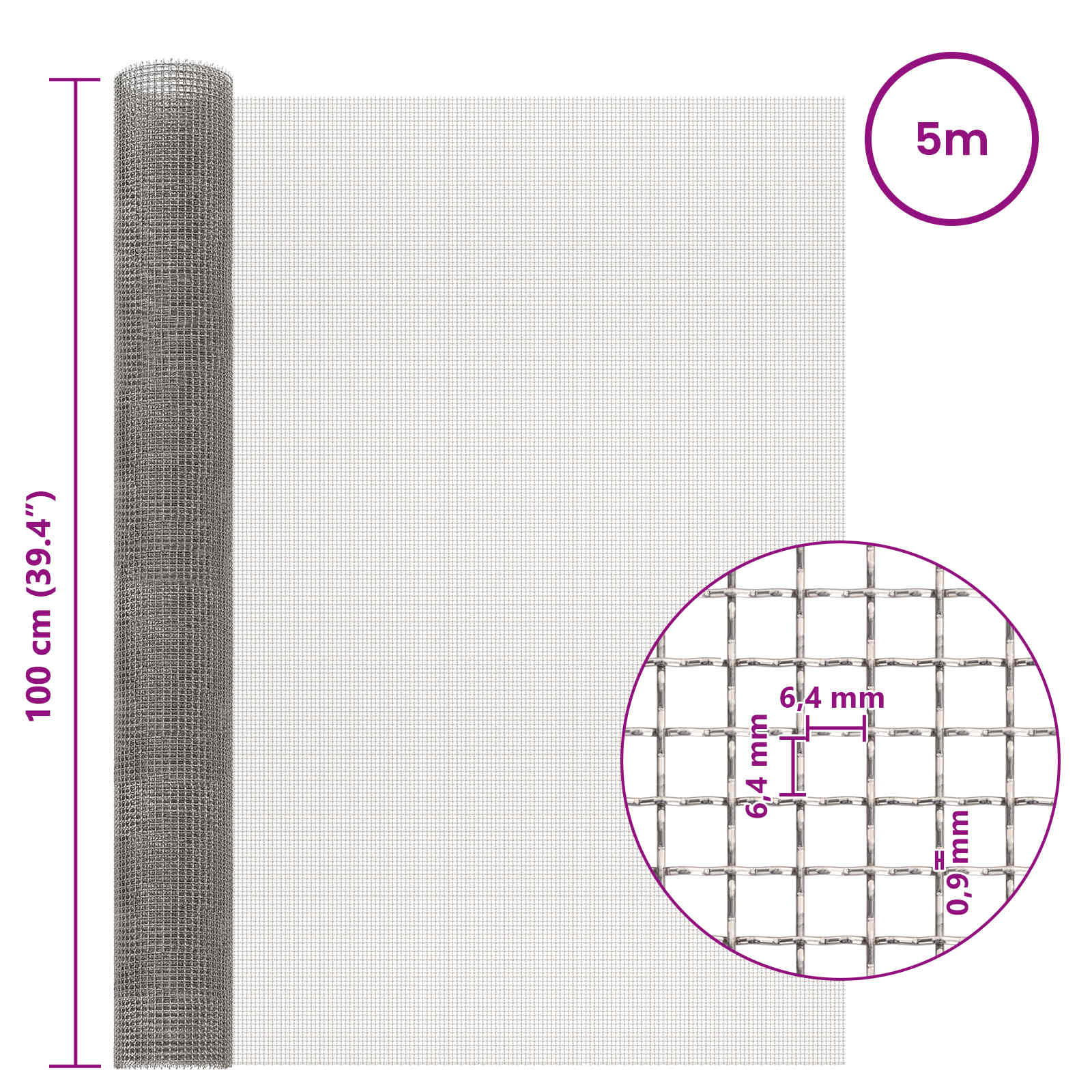 Πλέγμα Οθόνης 100 x 500 cm 3 Mesh Ανοξείδωτο Ατσάλι 201 Ασημί