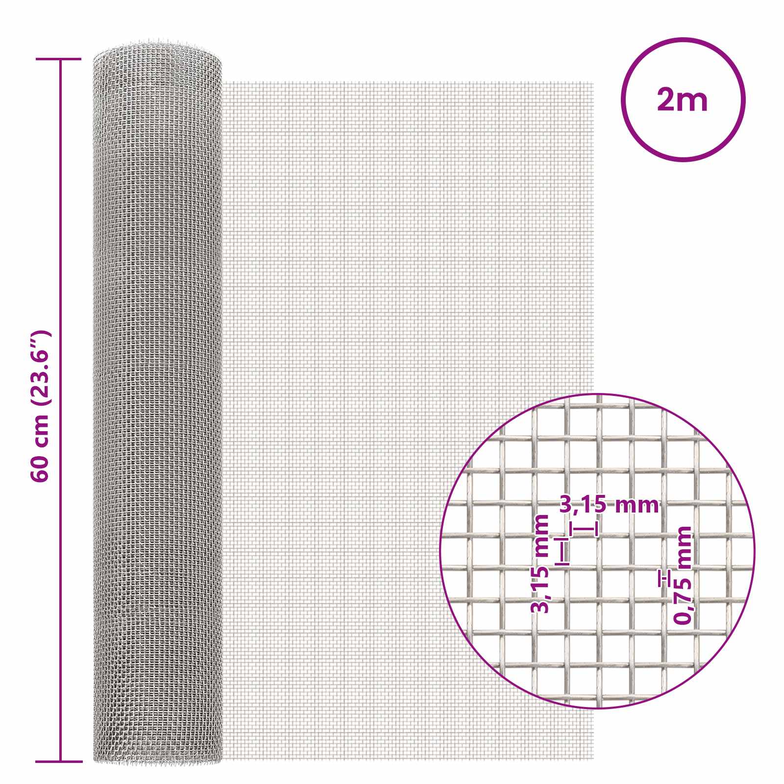 Πλέγμα Οθόνης 60 x 200 cm 6 Mesh Ανοξείδωτο Ατσάλι 201 Ασημί