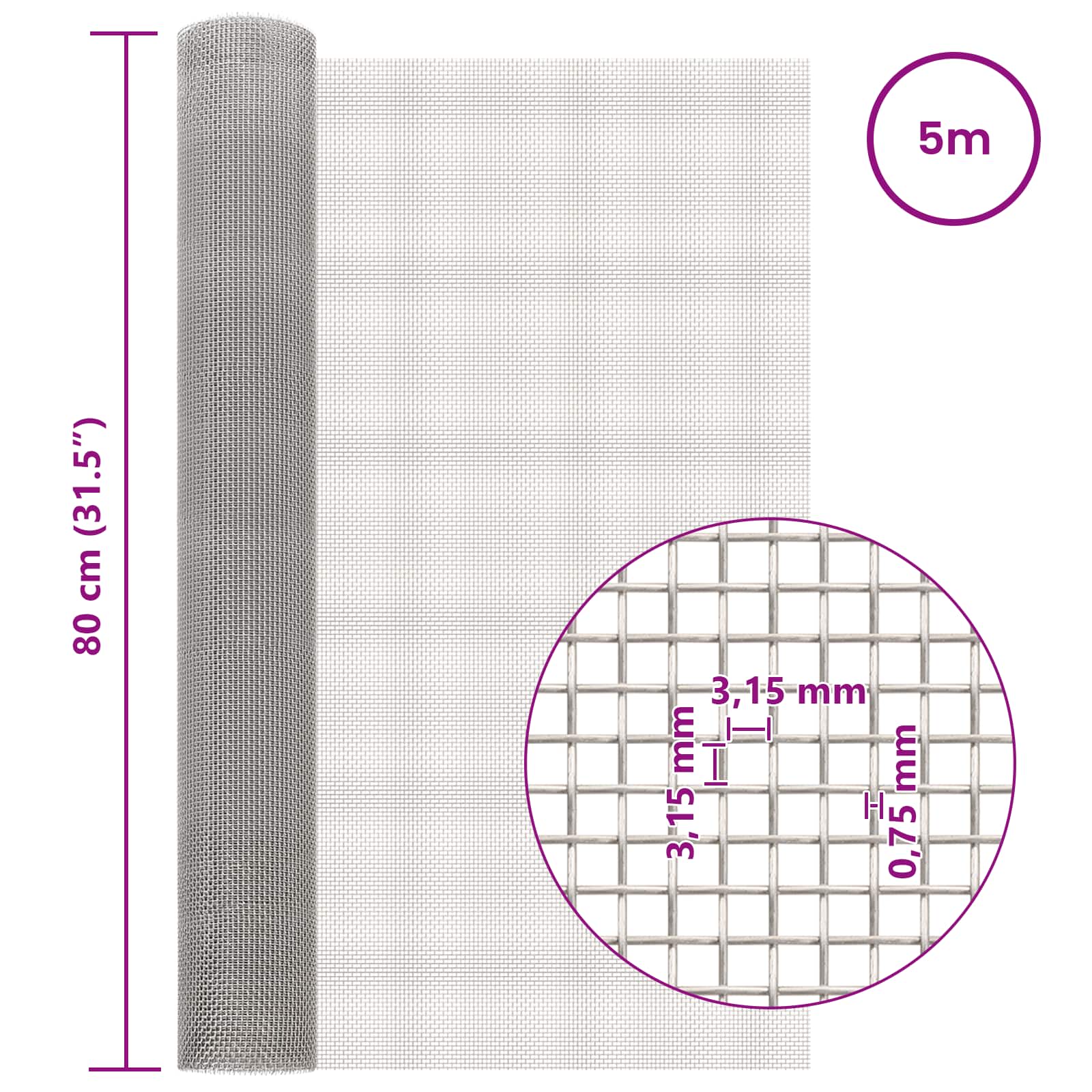 Πλέγμα Οθόνης 80 x 500 cm 6 Mesh Ανοξείδωτο Ατσάλι 201 Ασημί