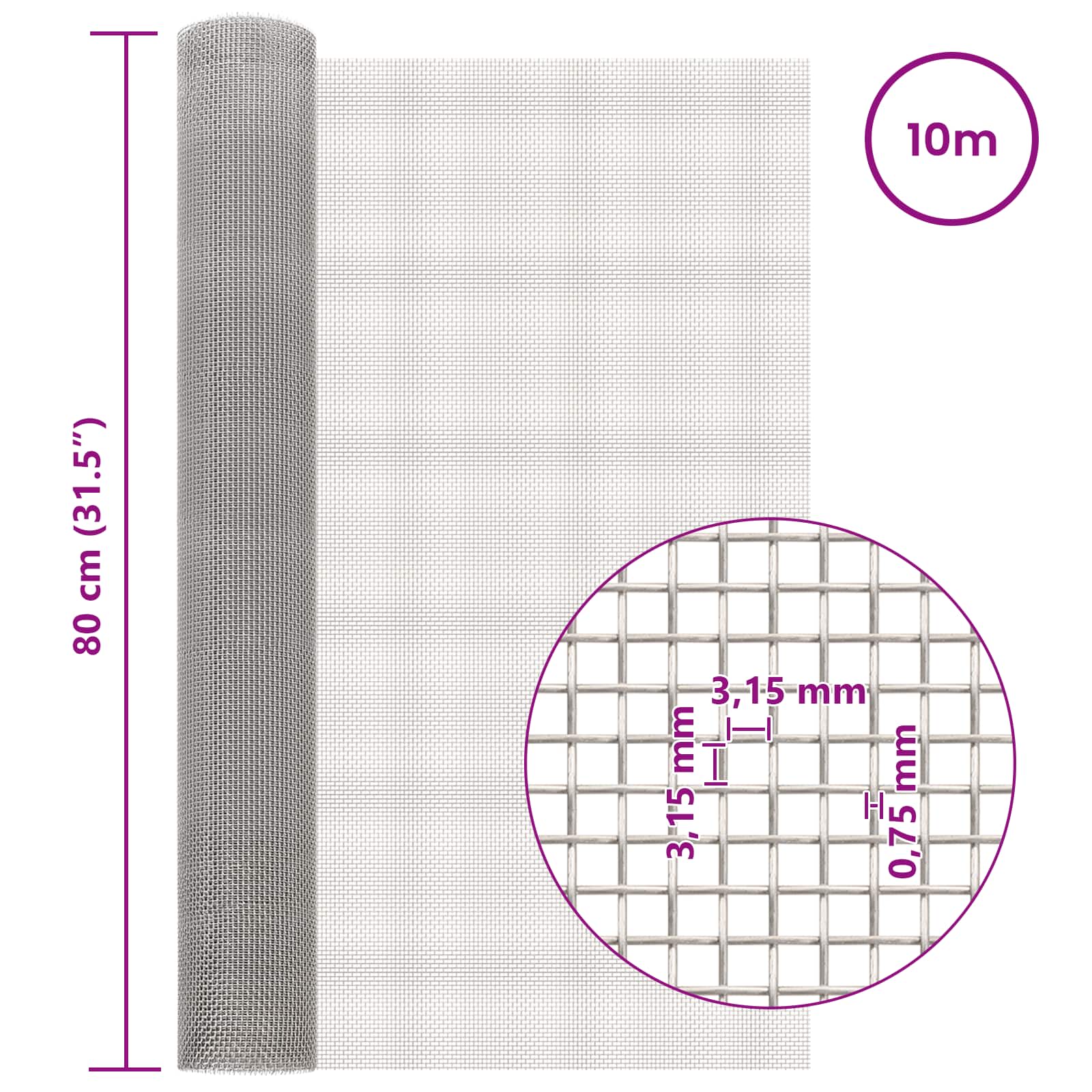 Πλέγμα Οθόνης 80 x 1000 cm 6 Mesh Ανοξείδωτο Ατσάλι 201 Ασημί