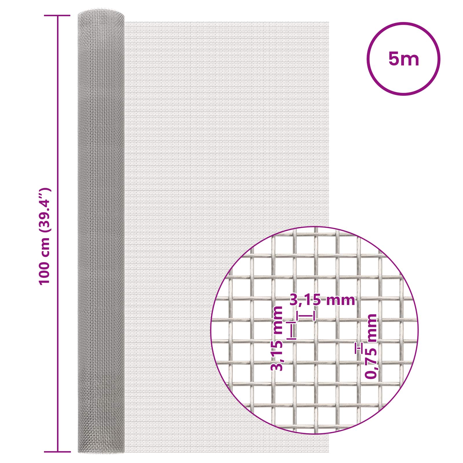 Πλέγμα Οθόνης 100 x 500 cm 6 Mesh Ανοξείδωτο Ατσάλι 201 Ασημί