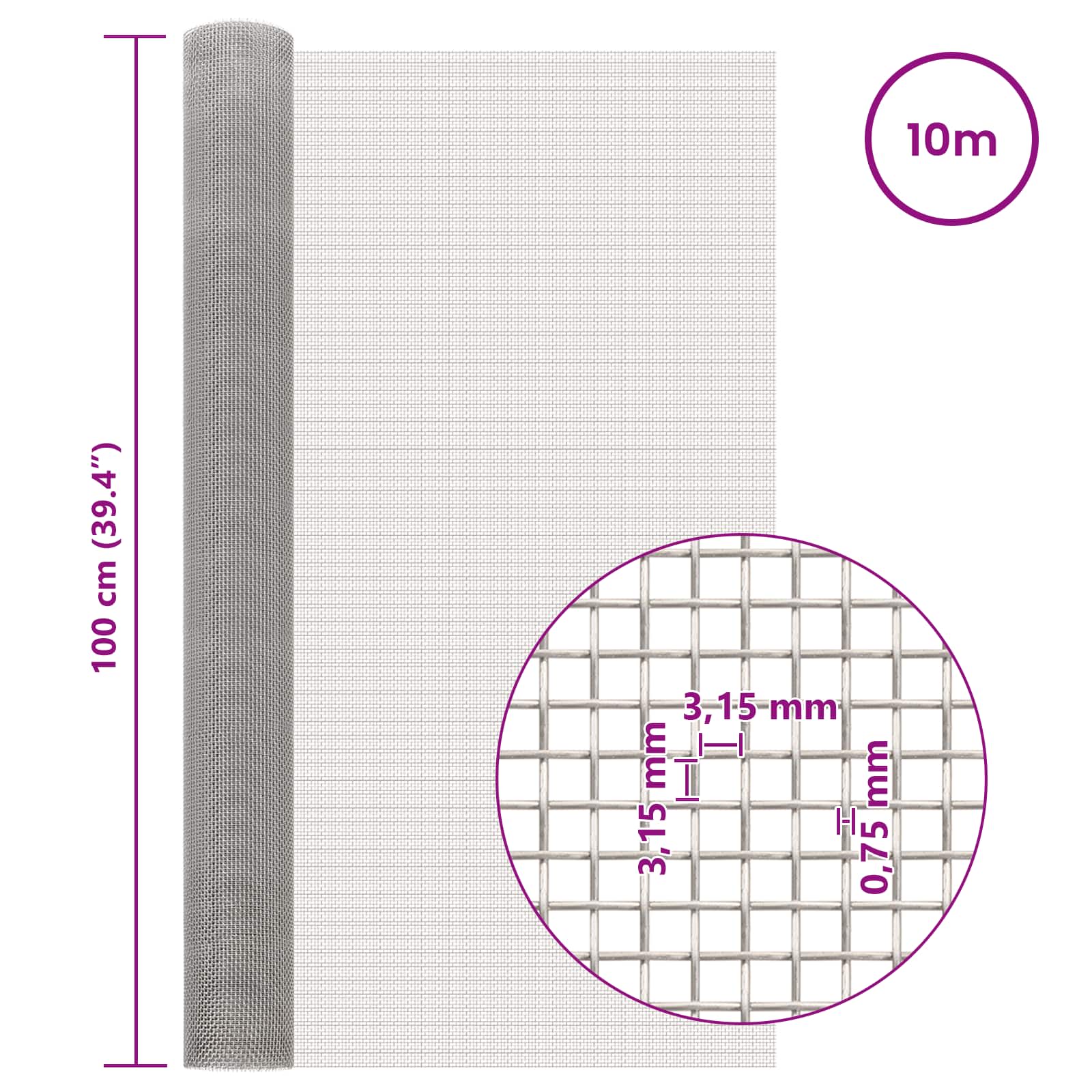 Πλέγμα Οθόνης 100 x 1000 cm 6 Mesh Ανοξείδωτο Ατσάλι 201 Ασημί