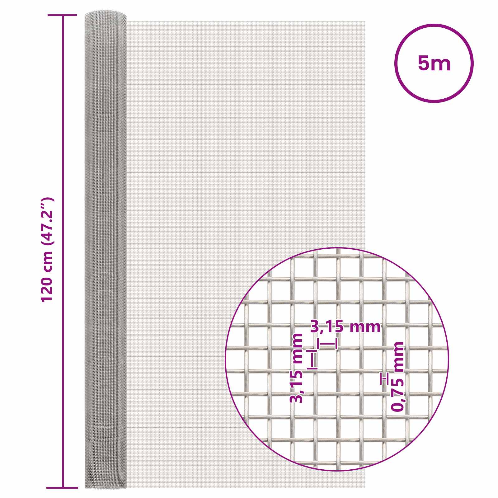 Πλέγμα Οθόνης 120 x 500 cm 6 Mesh Ανοξείδωτο Ατσάλι 201 Ασημί