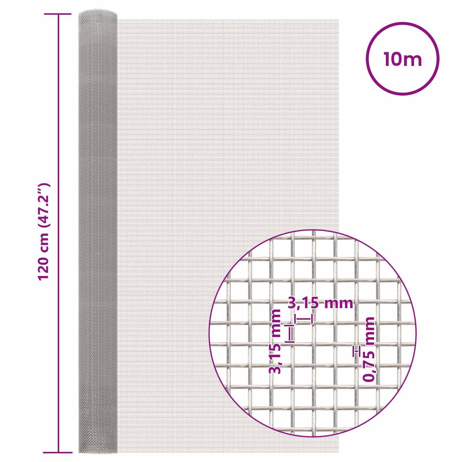 Πλέγμα Οθόνης 120 x 1000 cm 6 Mesh Ανοξείδωτο Ατσάλι 201 Ασημί