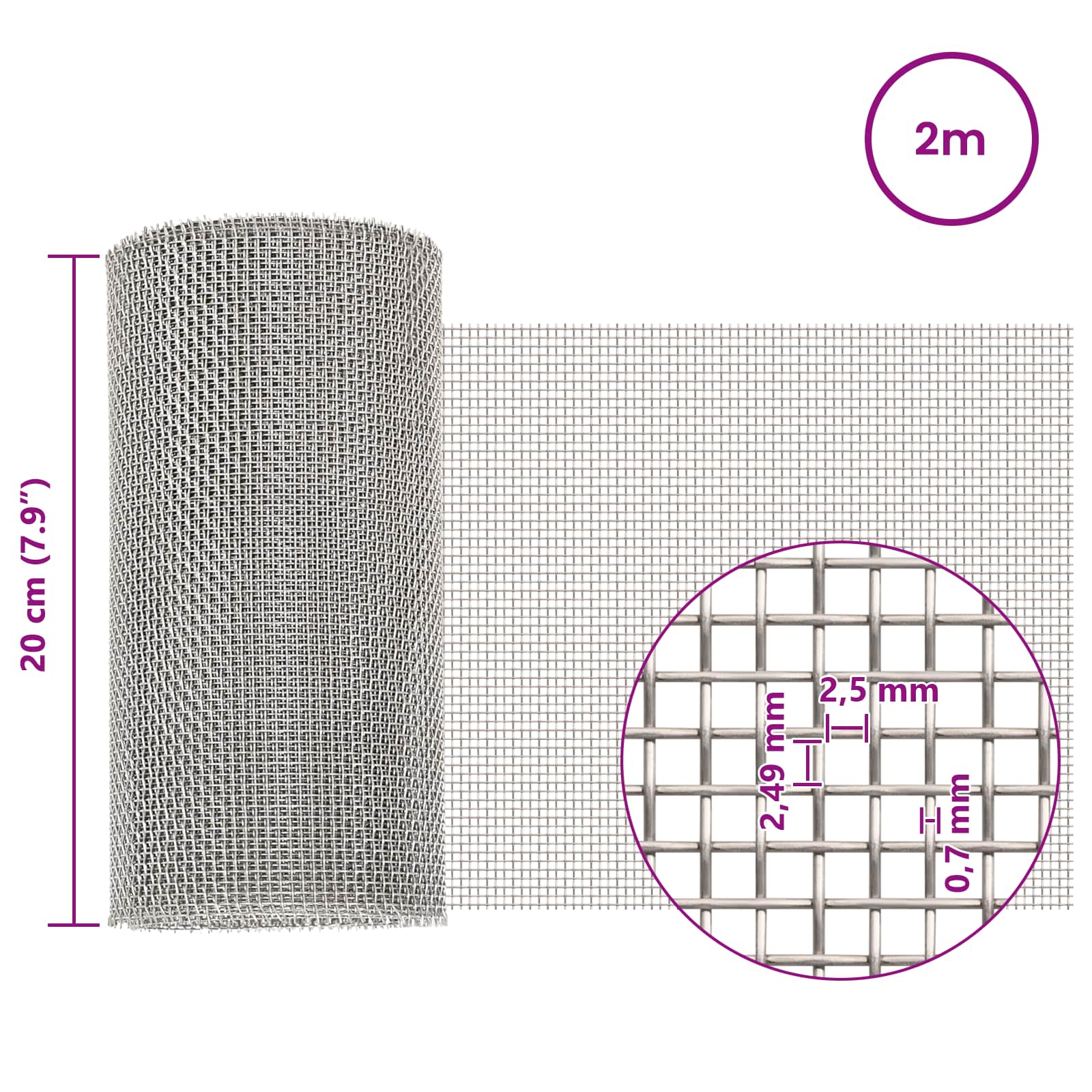 Πλέγμα Οθόνης 20 x 200 cm 8 Mesh Ανοξείδωτο Ατσάλι 201 Ασημί