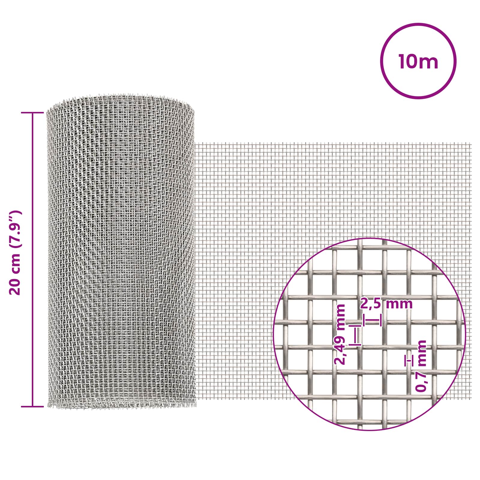 Πλέγμα Οθόνης 20 x 1000 εκ. 8 Mesh Ανοξείδωτο Ατσάλι 201 Ασημί