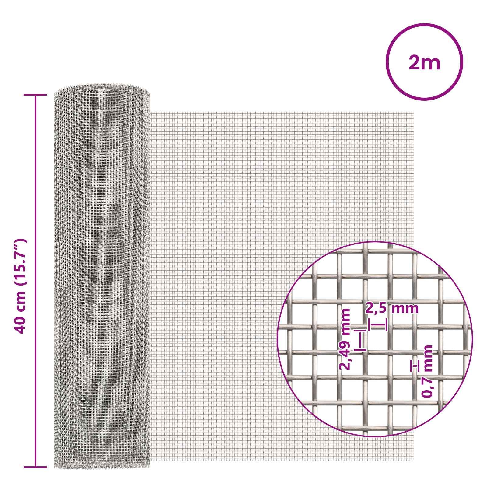 Πλέγμα Οθόνης 40 x 200 cm 8 Mesh Ανοξείδωτο Ατσάλι 201 Ασημί