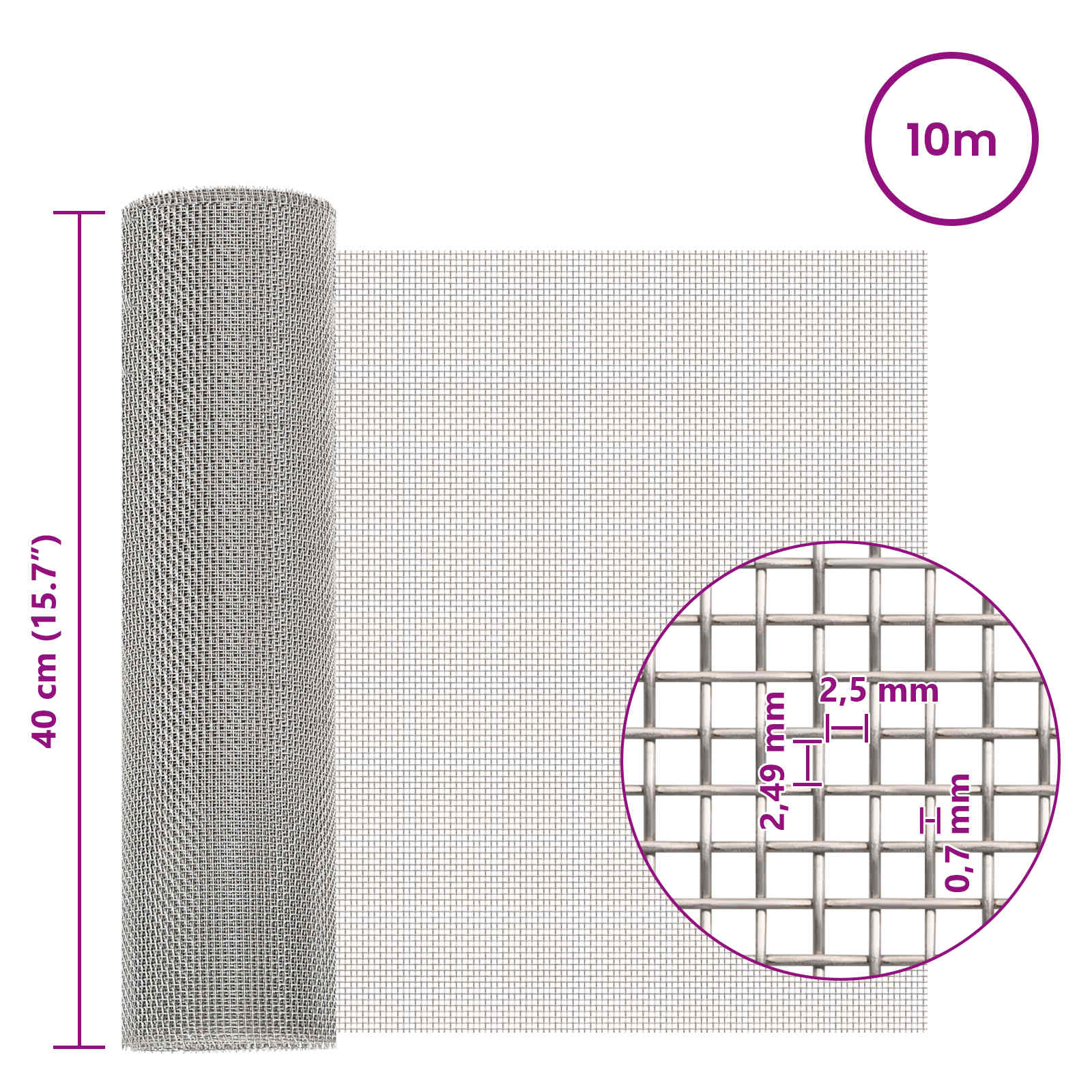 Πλέγμα Οθόνης 40 x 1000 εκ 8 Mesh Ανοξείδωτο Ατσάλι 201 Ασημί