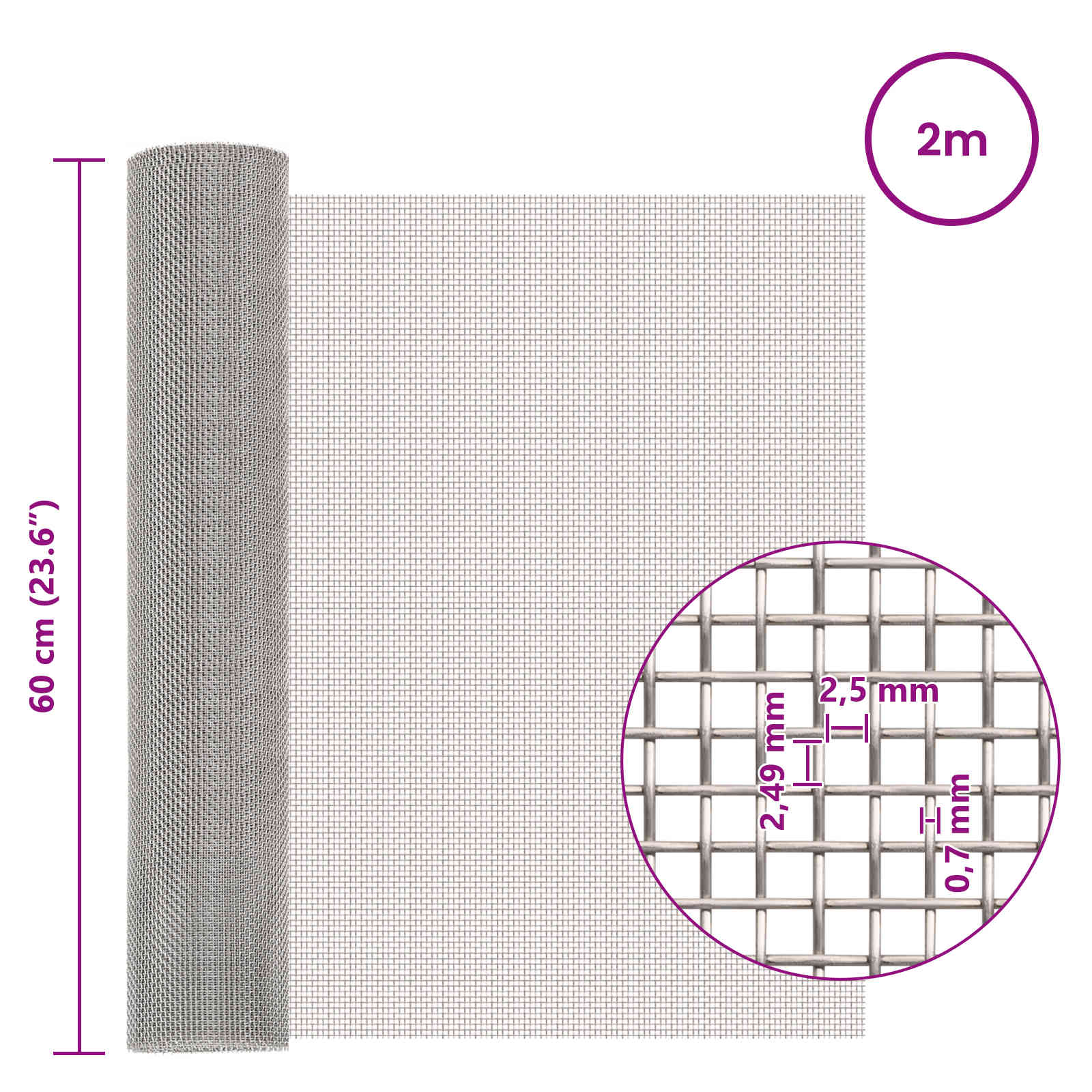 Πλέγμα Οθόνης 60 x 200 cm 8 Mesh Ανοξείδωτο Ατσάλι 201 Ασημί