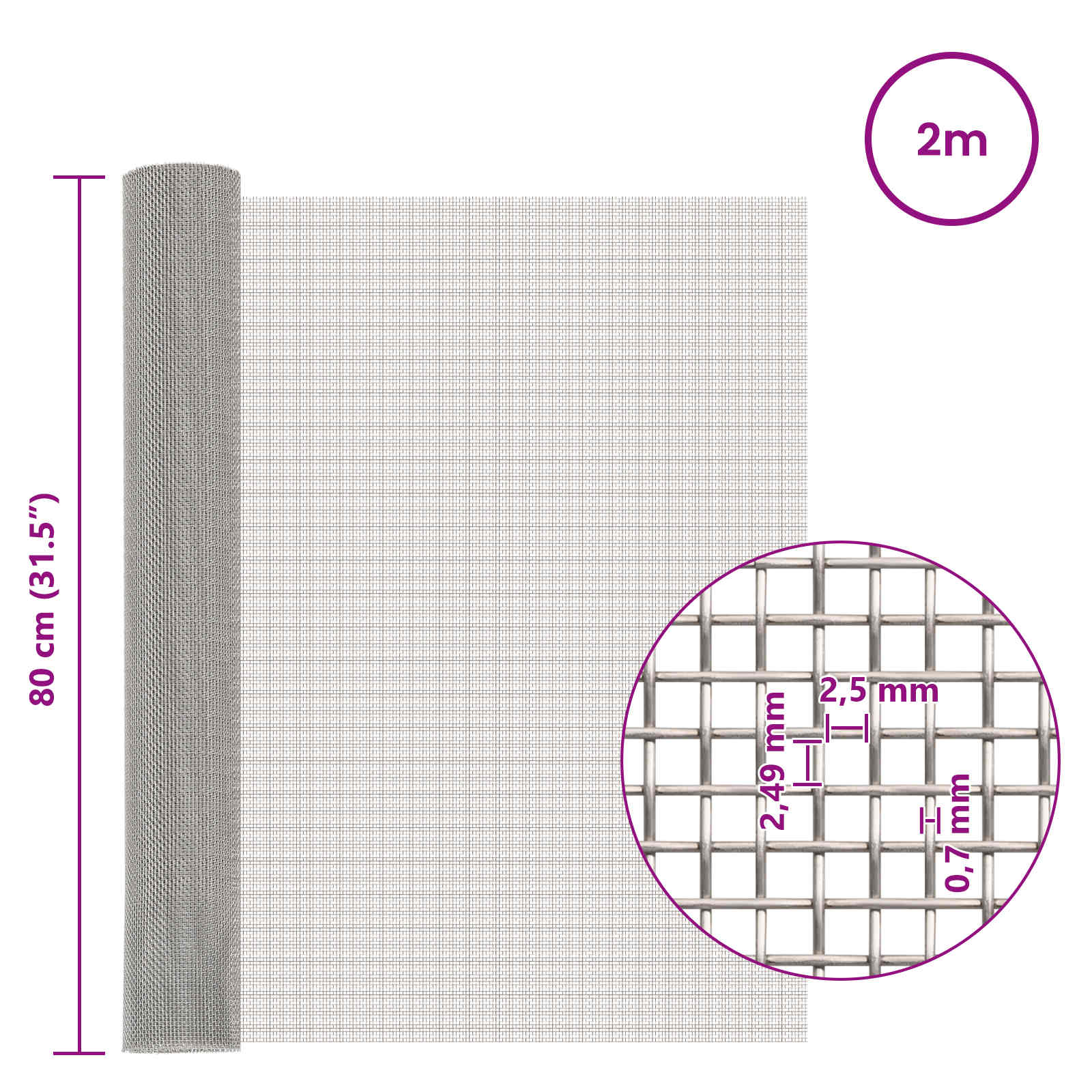 Πλέγμα Οθόνης 80 x 200 cm 8 Mesh Ανοξείδωτο Ατσάλι 201 Ασημί