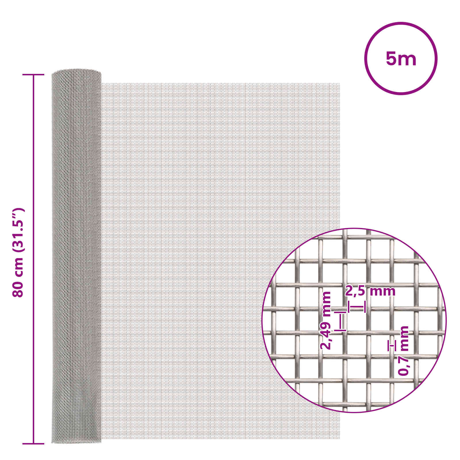 Πλέγμα Οθόνης 80 x 500 cm 8 Mesh Ανοξείδωτο Ατσάλι 201 Ασημί