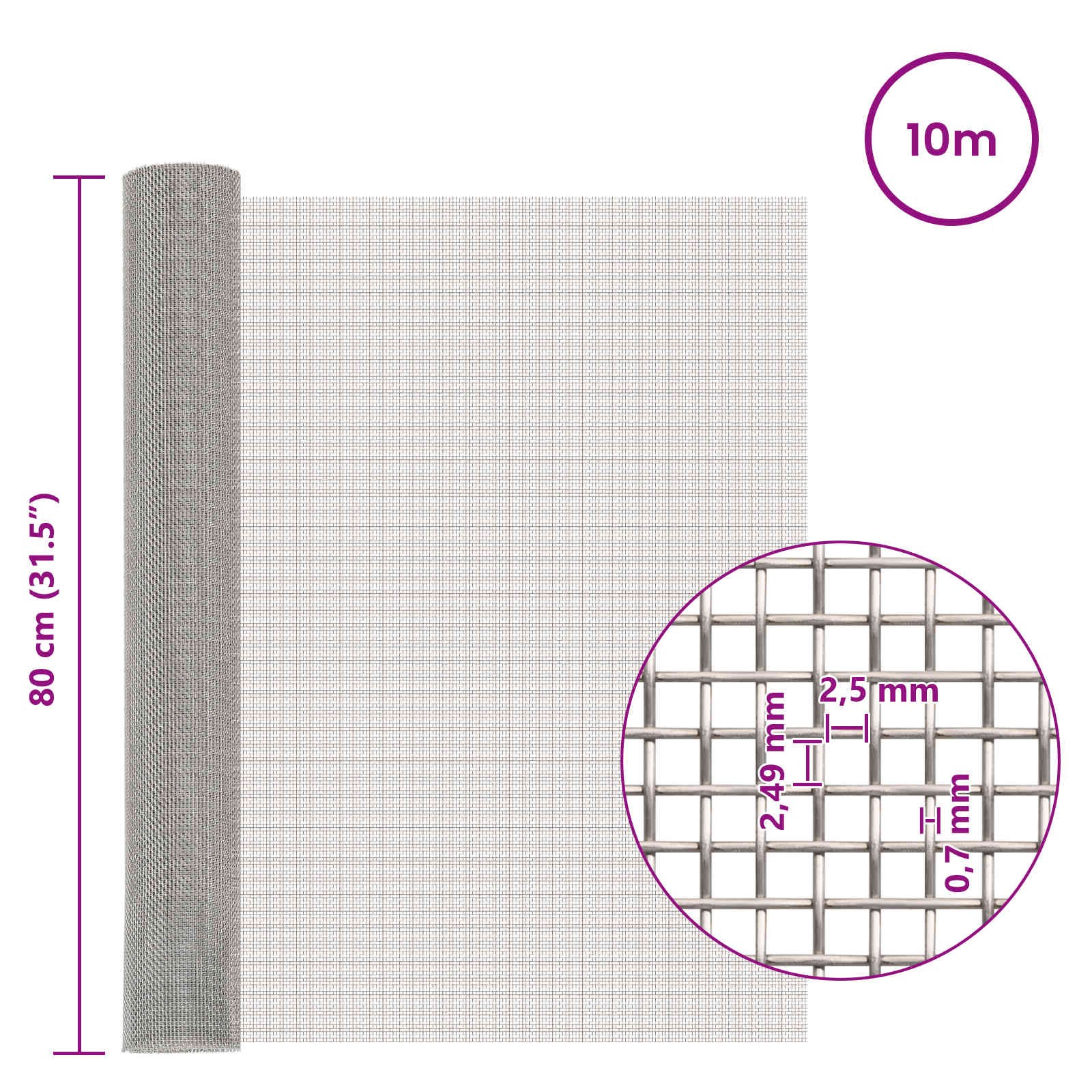 Πλέγμα Οθόνης 80 x 1000 cm 8 Mesh Ανοξείδωτο Ατσάλι 201 Ασημί