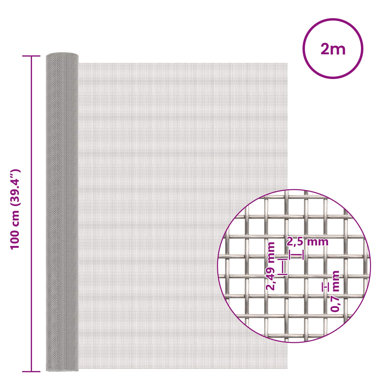 Πλέγμα Οθόνης 100 x 200 cm 8 Mesh Ανοξείδωτο Ατσάλι 201 Ασημί