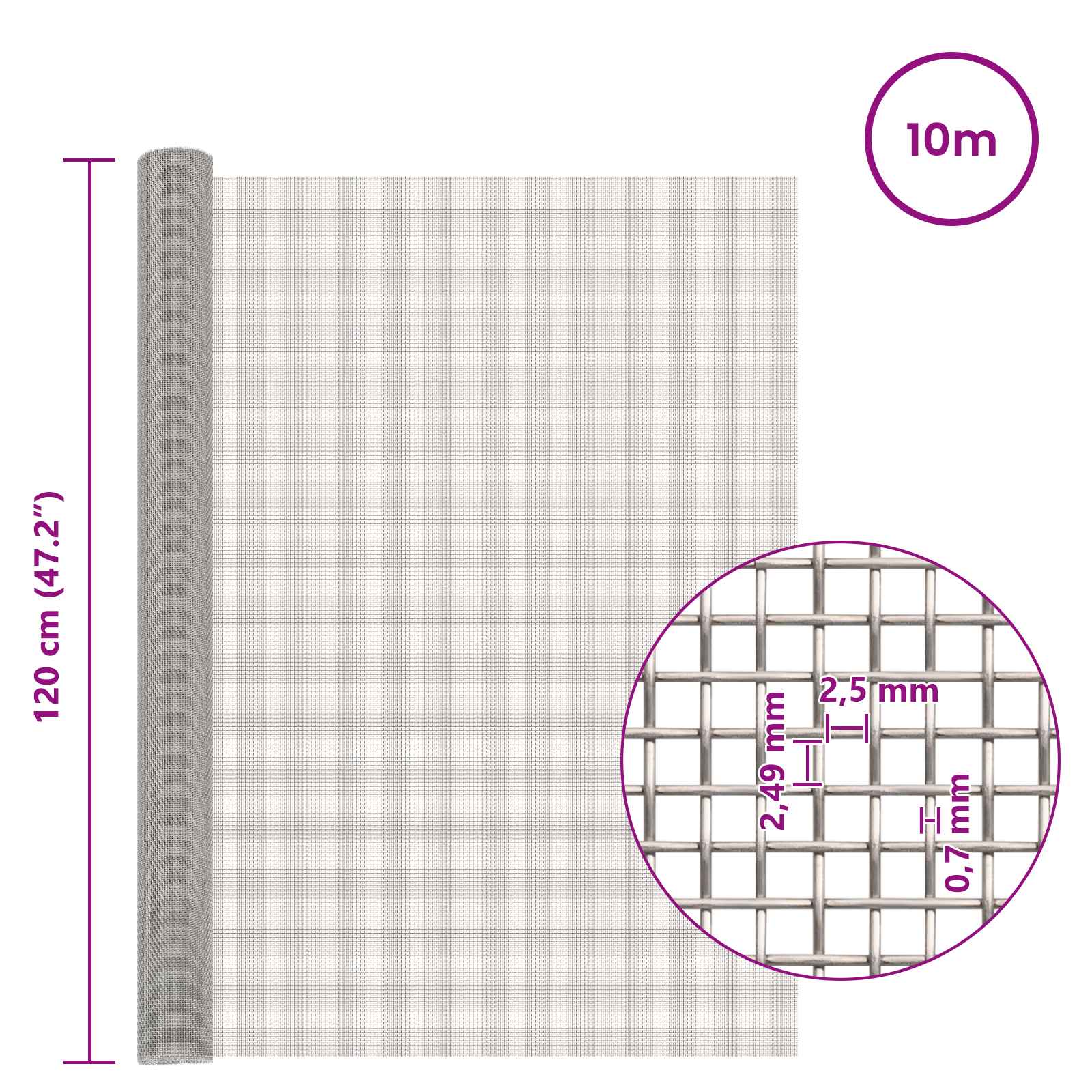 Πλέγμα Οθόνης 120 x 1000 cm 8 Mesh Ανοξείδωτο Ατσάλι 201 Ασημί