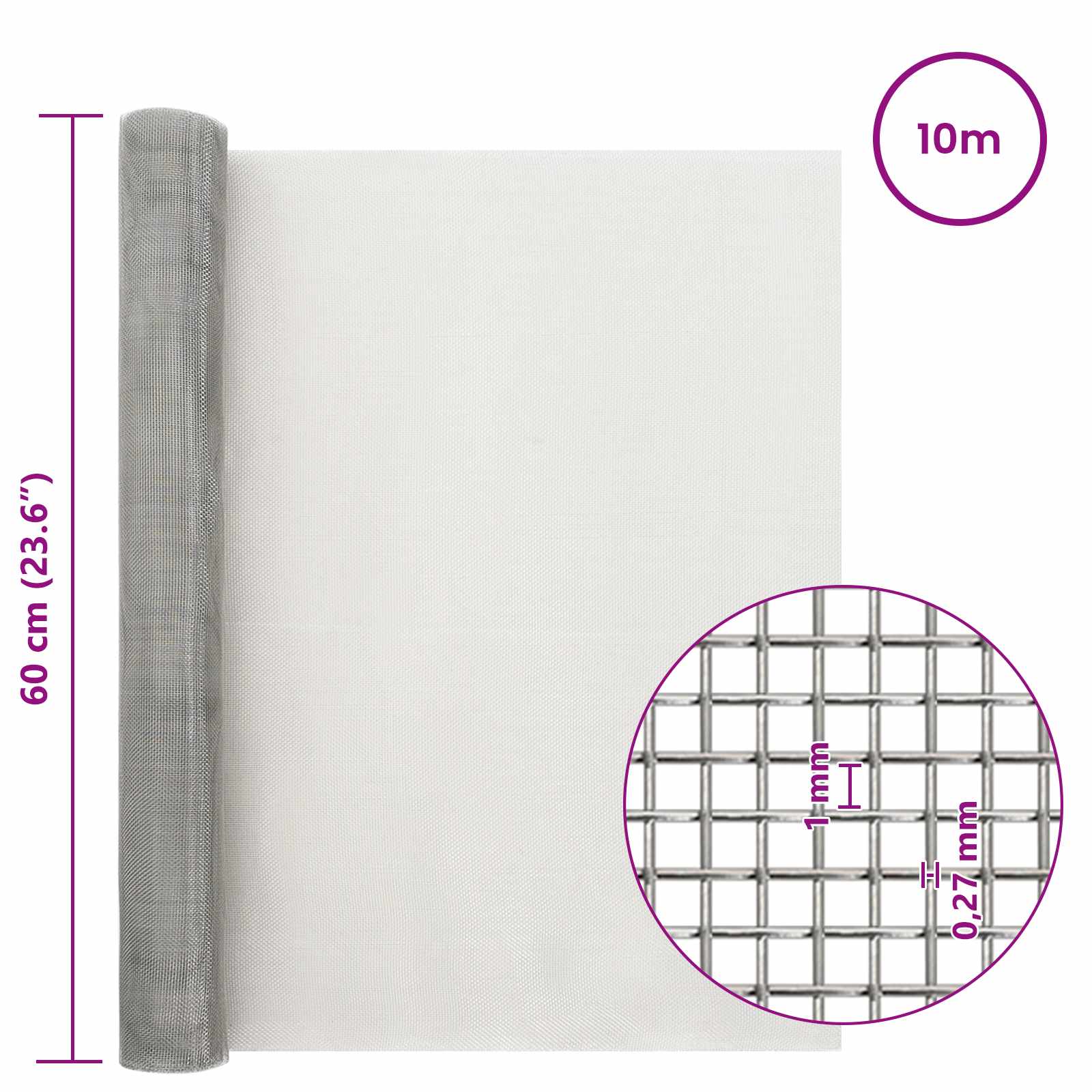 Πλέγμα Οθόνης 60 x 1000 cm 20 Mesh Ανοξείδωτο Ατσάλι 201 Ασημί