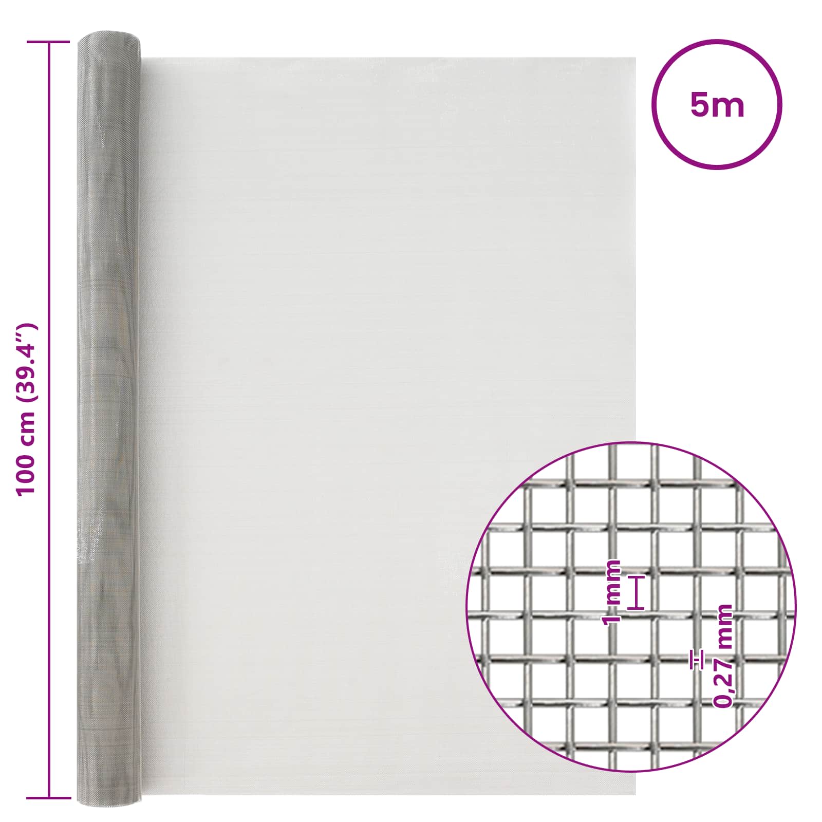Πλέγμα Οθόνης 100 x 500 cm 20 Mesh Ανοξείδωτο Ατσάλι 201 Ασημί - Pakobazaar